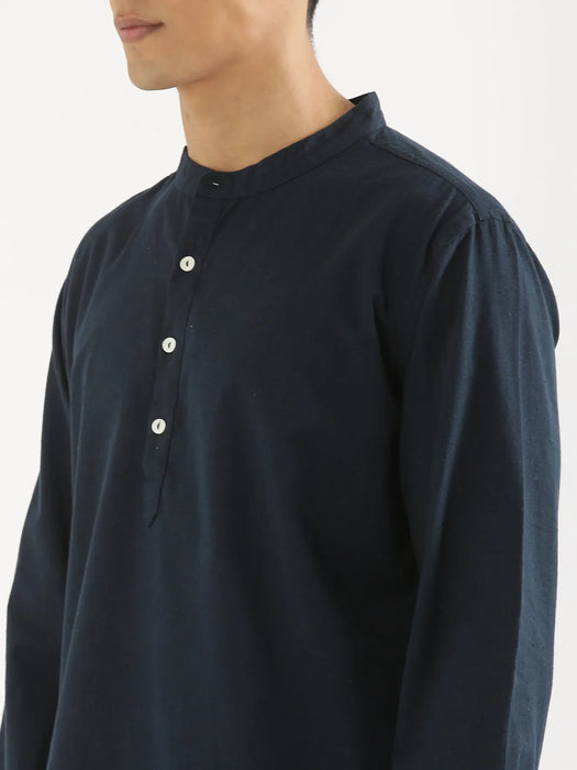 Men Navy Blue Airy Linen Short Kurta