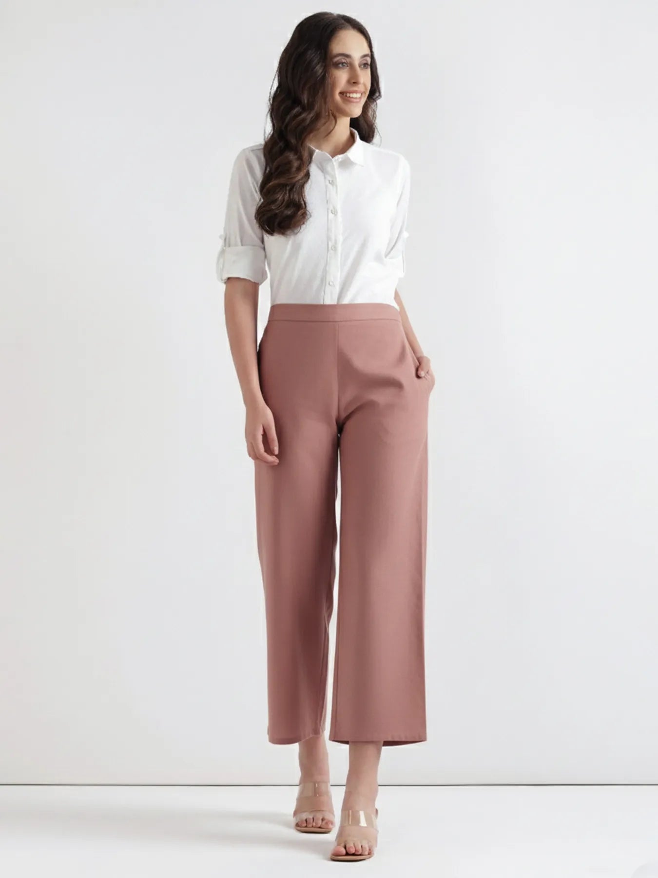 Women Rose Taupe Airy Linen Wide Leg Pant