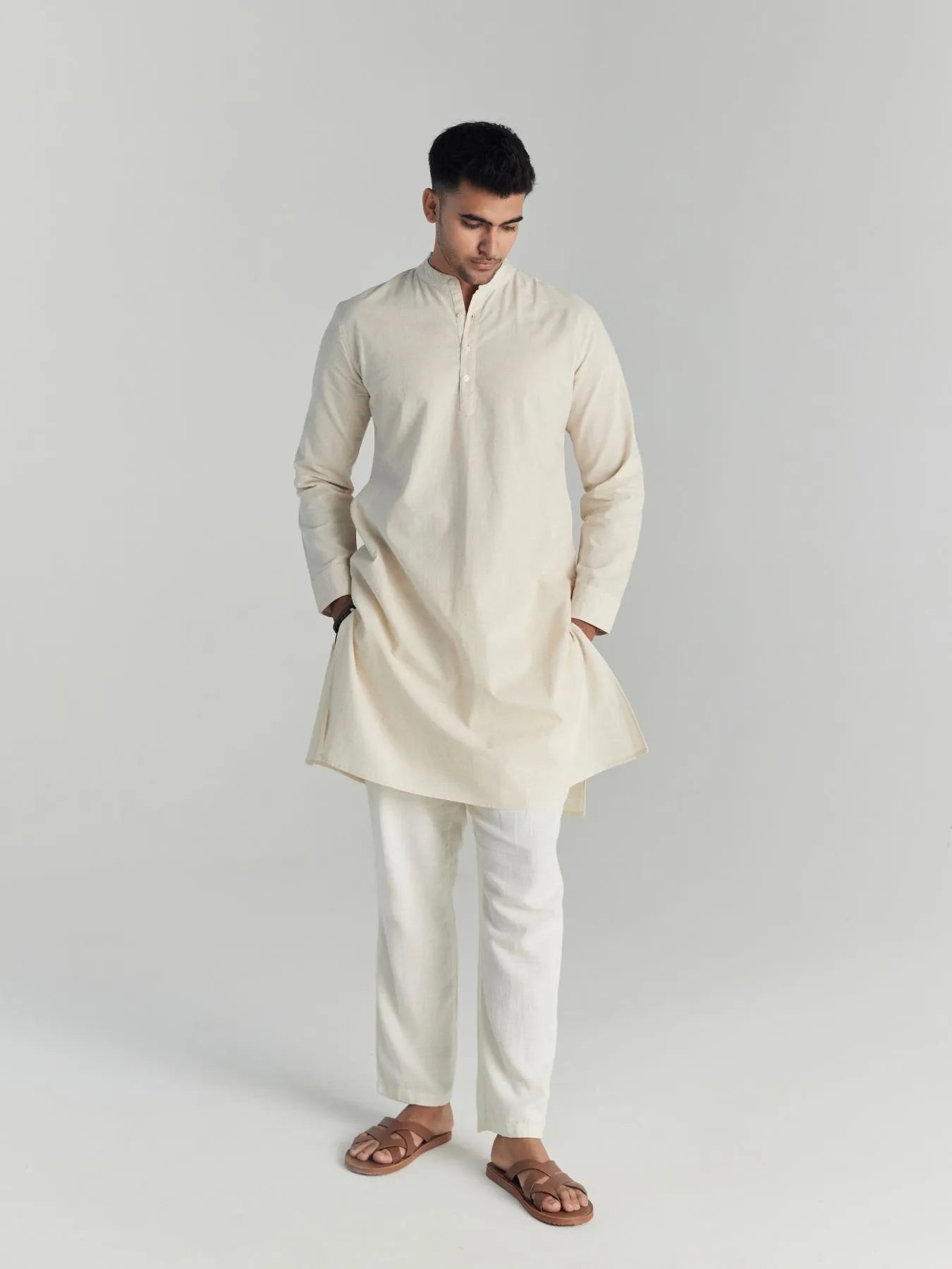 Men Ecru Airy Linen Long Kurta