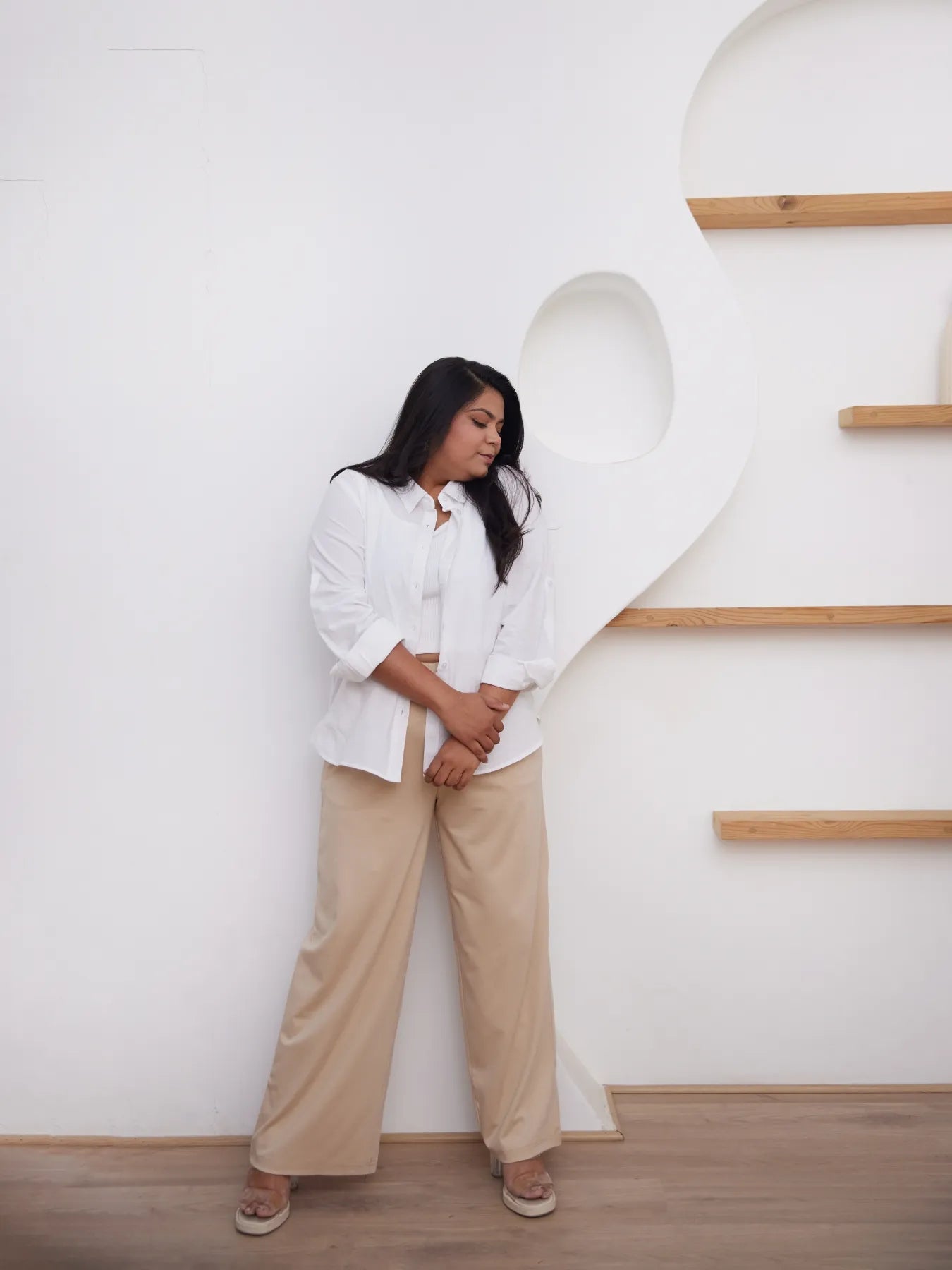 Women Plus Size Beige Wide Leg Pants