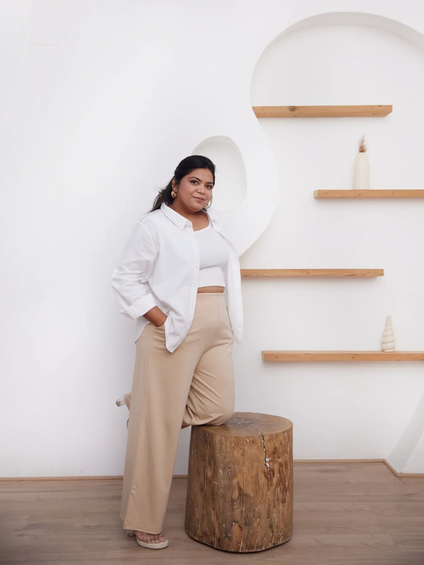 Women Plus Size Beige Wide Leg Pants