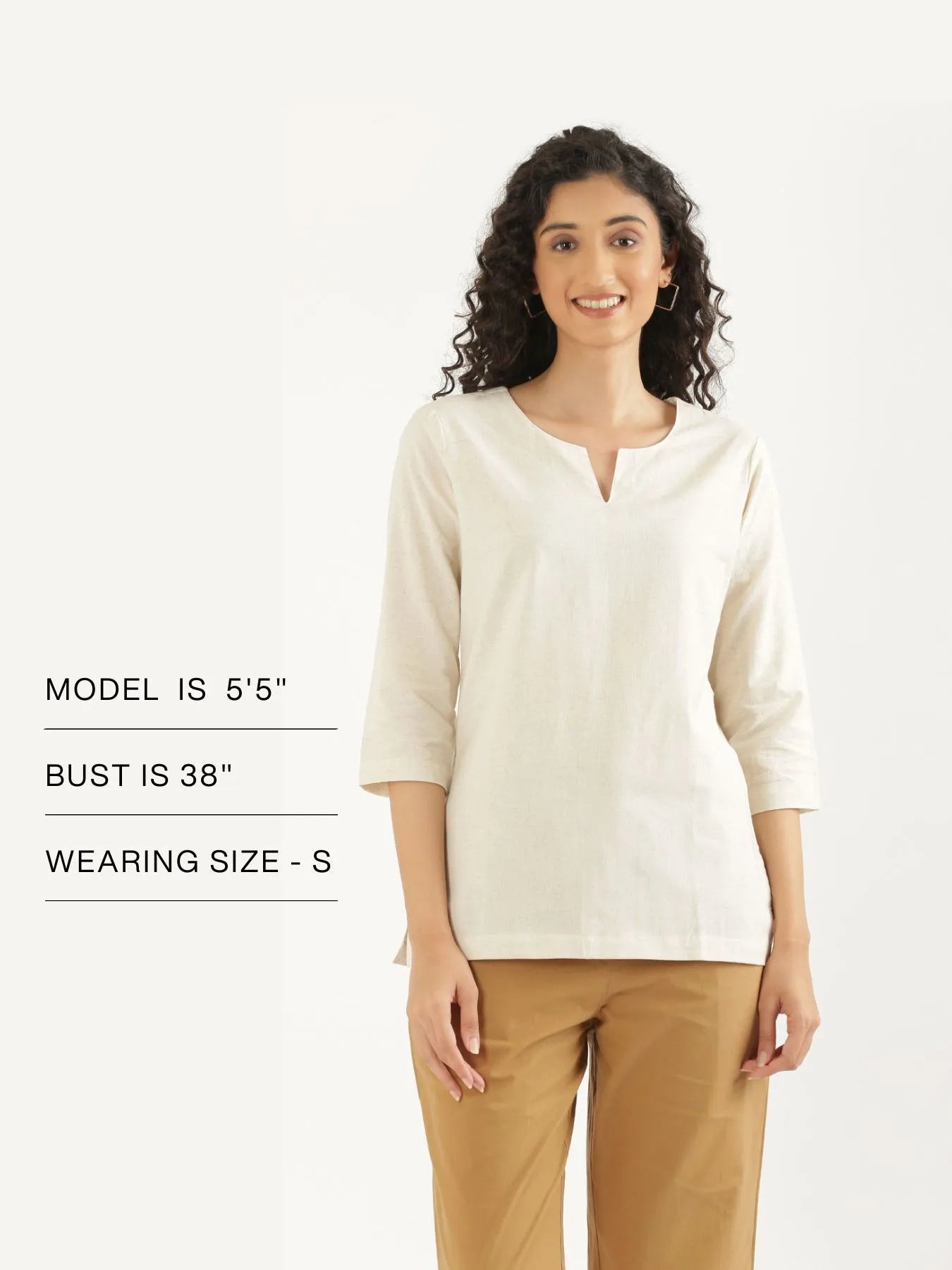 Women Ecru Airy Linen Split Neck Short Kurta