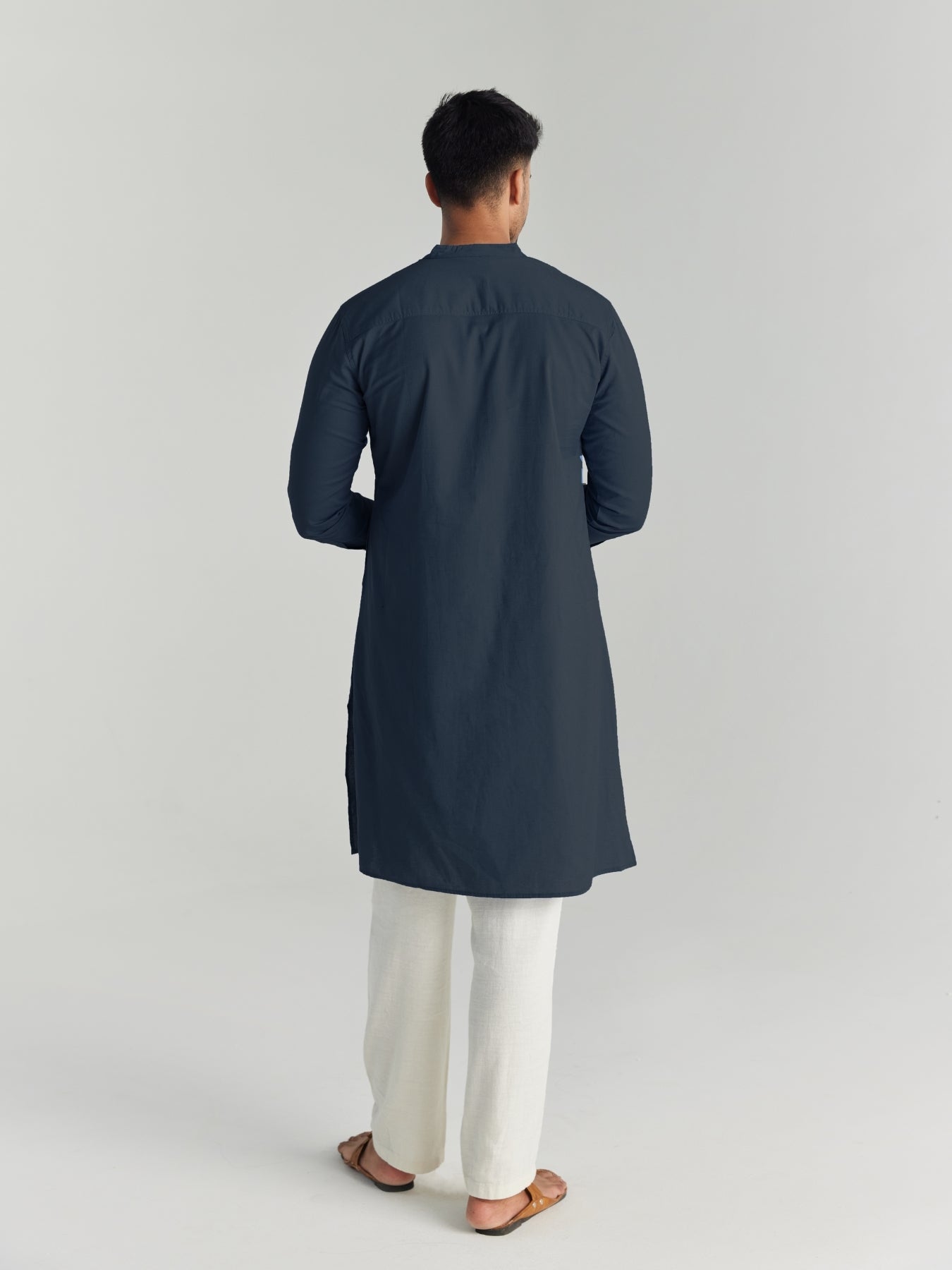 Men Navy Blue Airy Linen Long Kurta