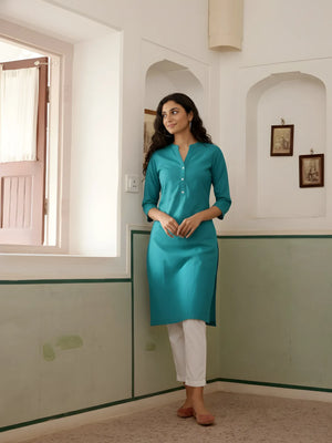 Women Teal Airy Linen Long Kurta & White Cotton Pant Set