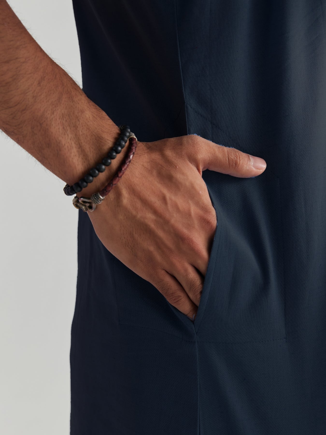 Men Navy Blue Airy Linen Long Kurta