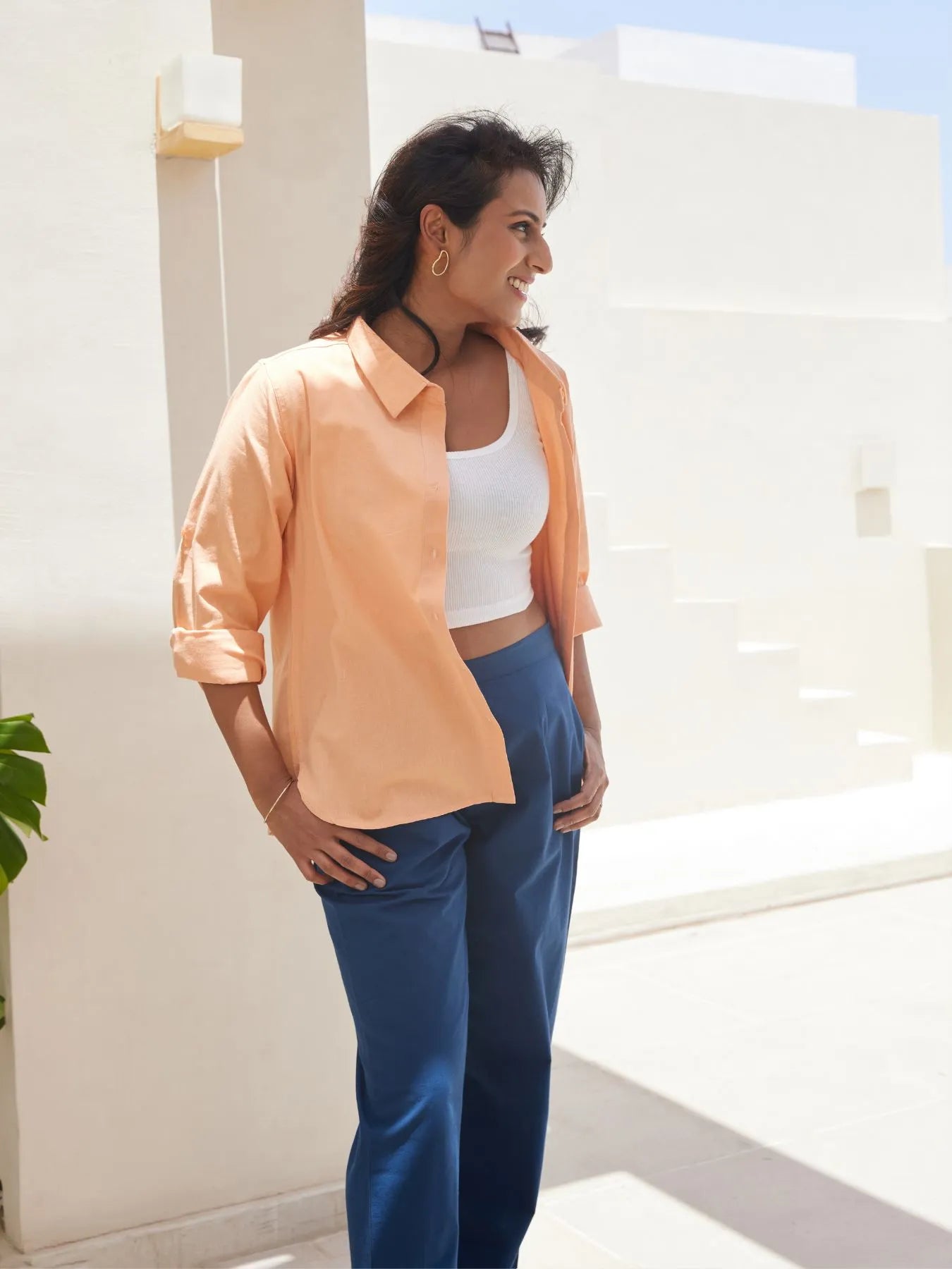 Peach Airy-Linen Shirt with Peacock Blue Cotton Pant
