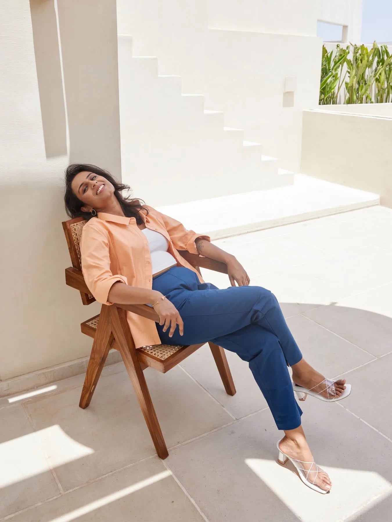 Peach Airy-Linen Shirt with Peacock Blue Cotton Pant