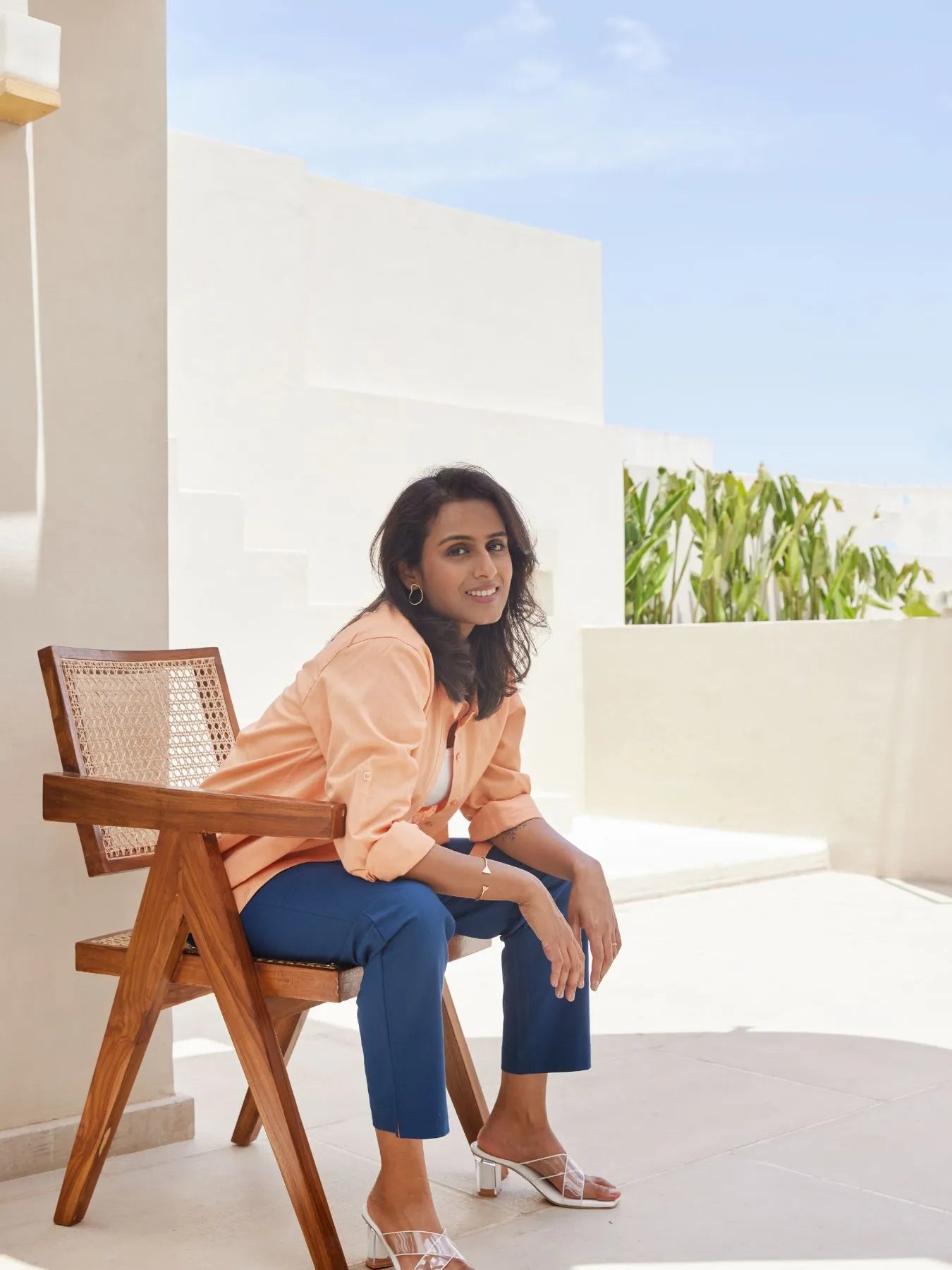 Peach Airy-Linen Shirt with Peacock Blue Cotton Pant