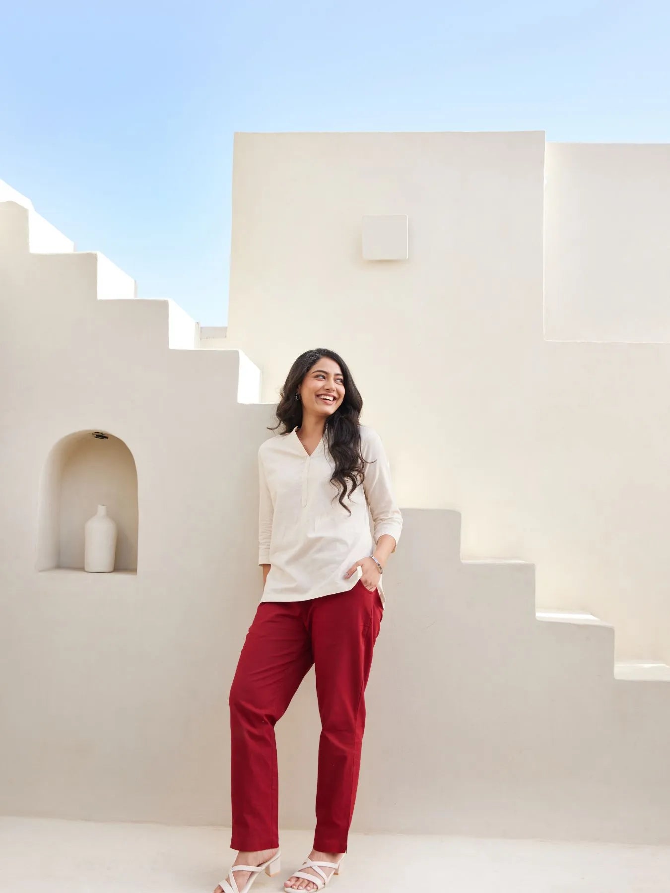 Maroon Cotton Pant with Ecru Airy Linen Short Kurta