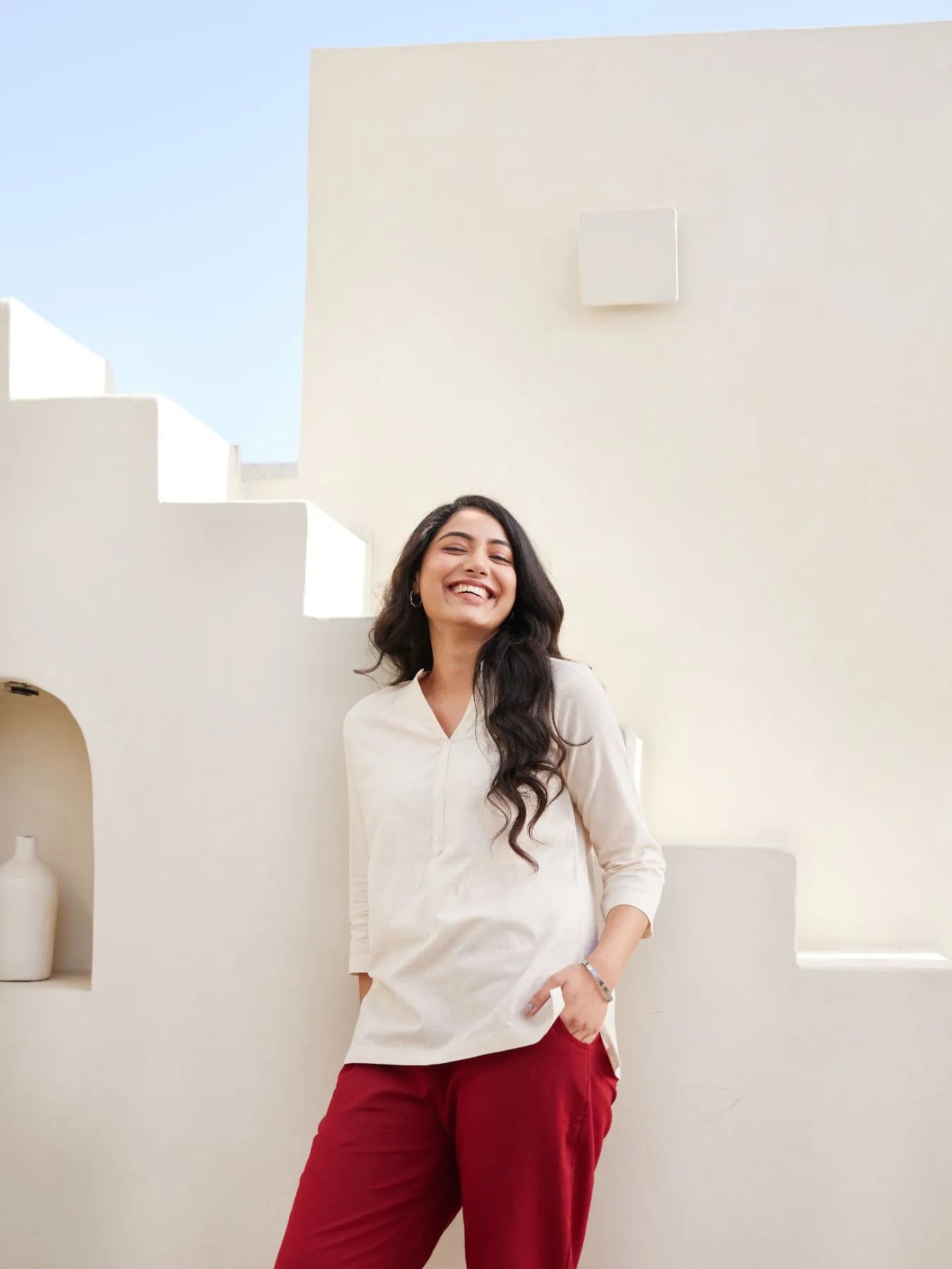 Maroon Cotton Pant with Ecru Airy Linen Short Kurta