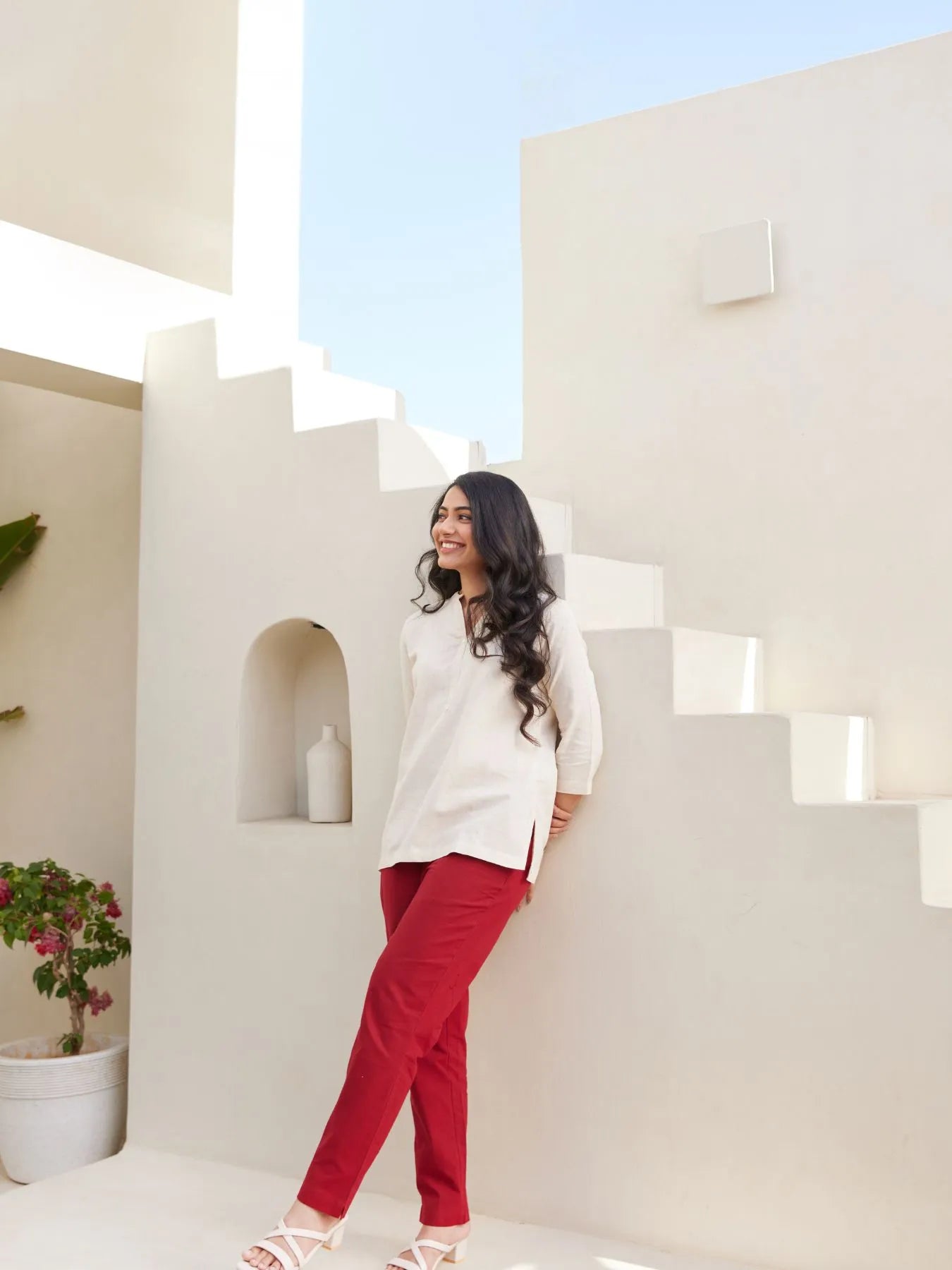 Maroon Cotton Pant with Ecru Airy Linen Short Kurta
