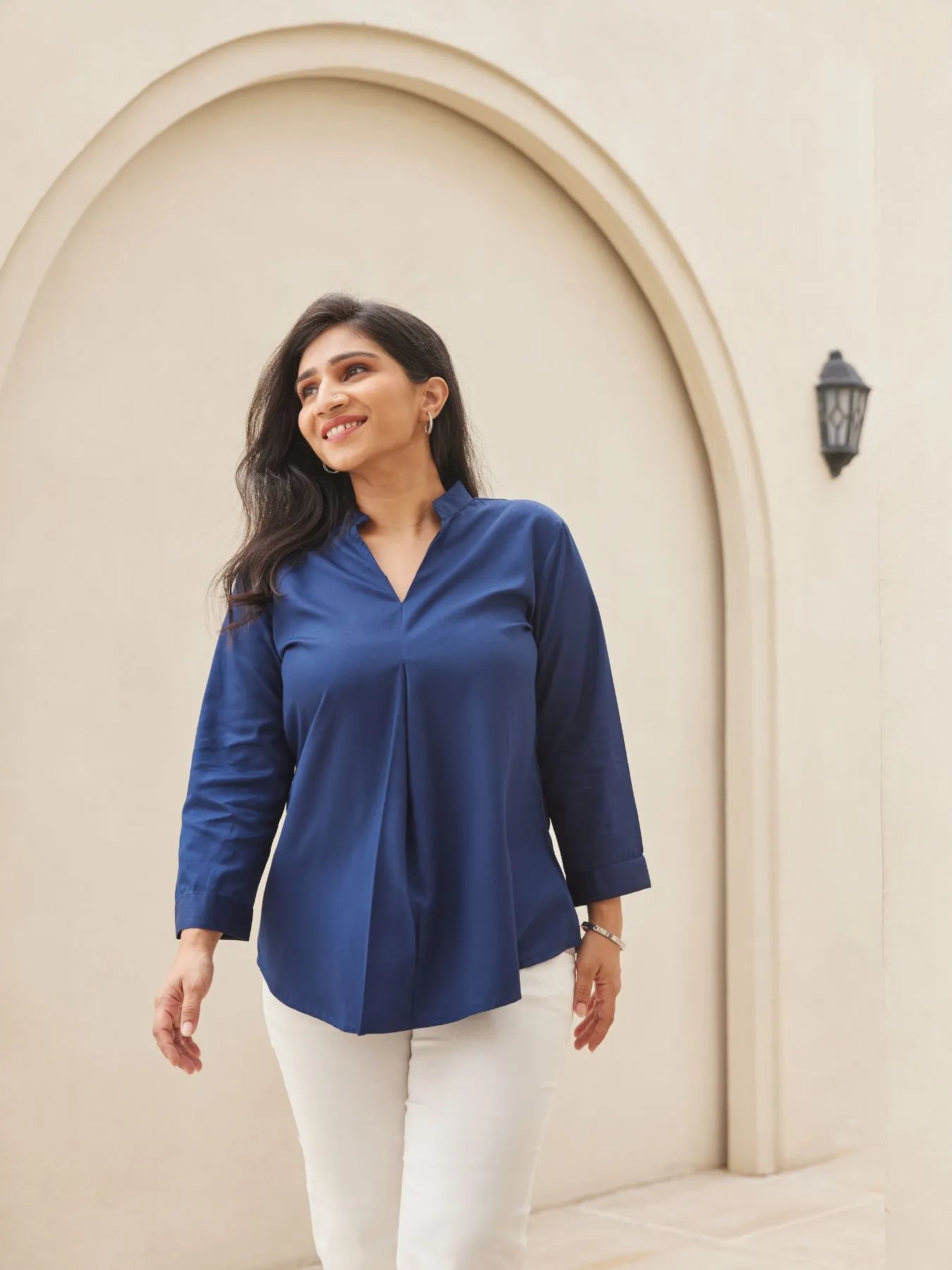 Navy Blue Pleated Top with White Straight Fit Formal Pant