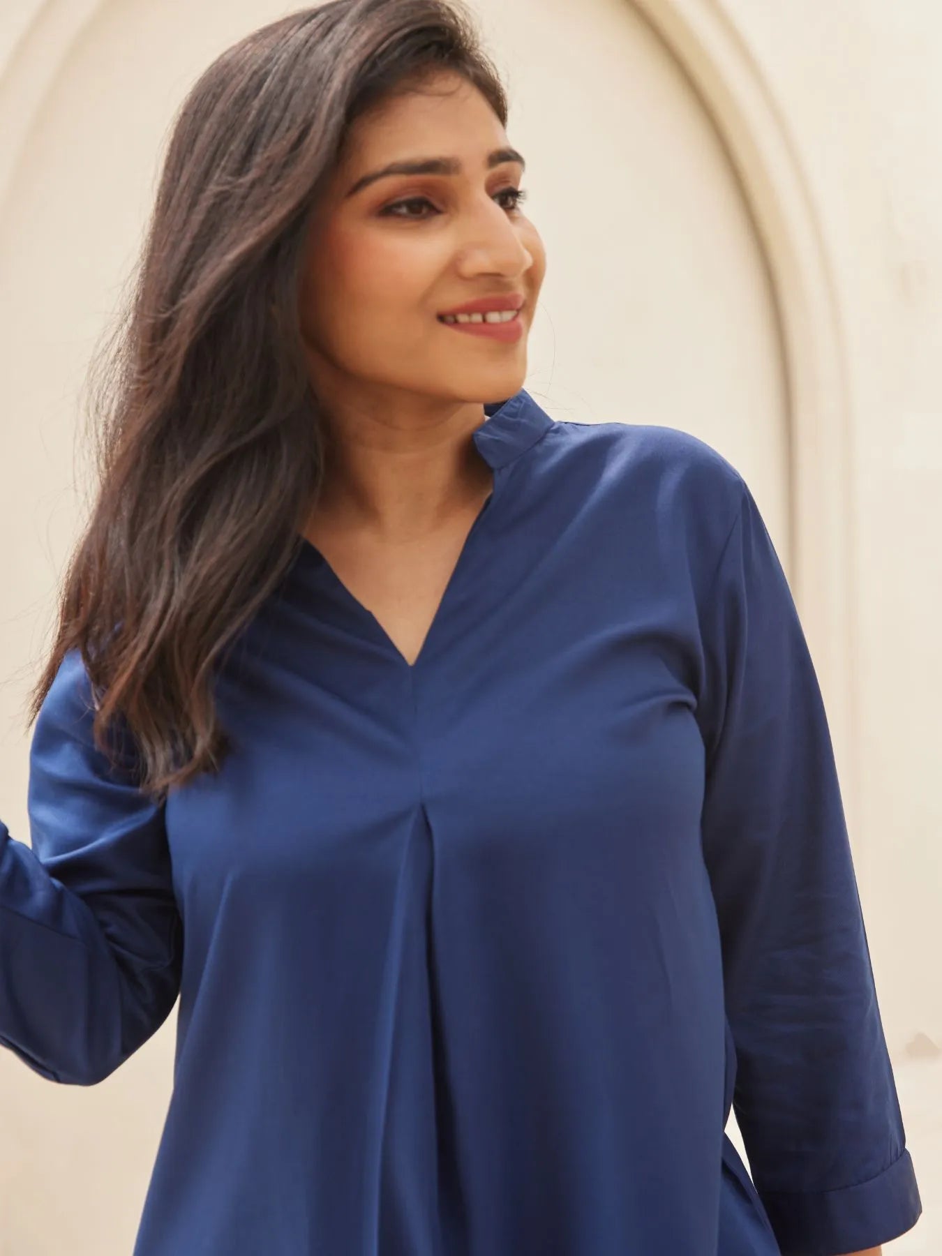 Navy Blue Pleated Top with White Straight Fit Formal Pant
