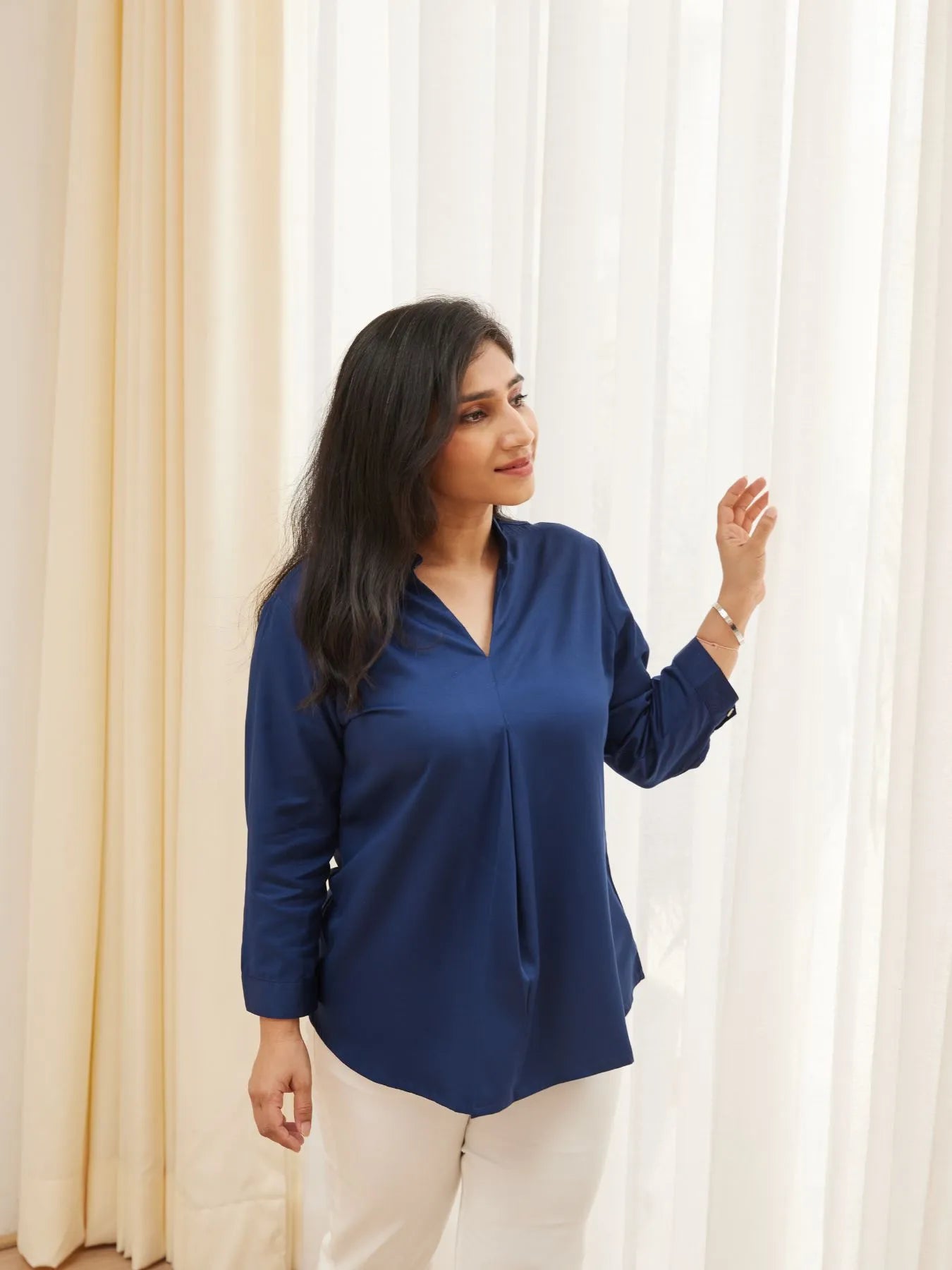 Navy Blue Pleated Top with White Straight Fit Formal Pant