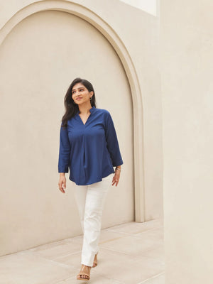Navy Blue Pleated Top with White Straight Fit Formal Pant