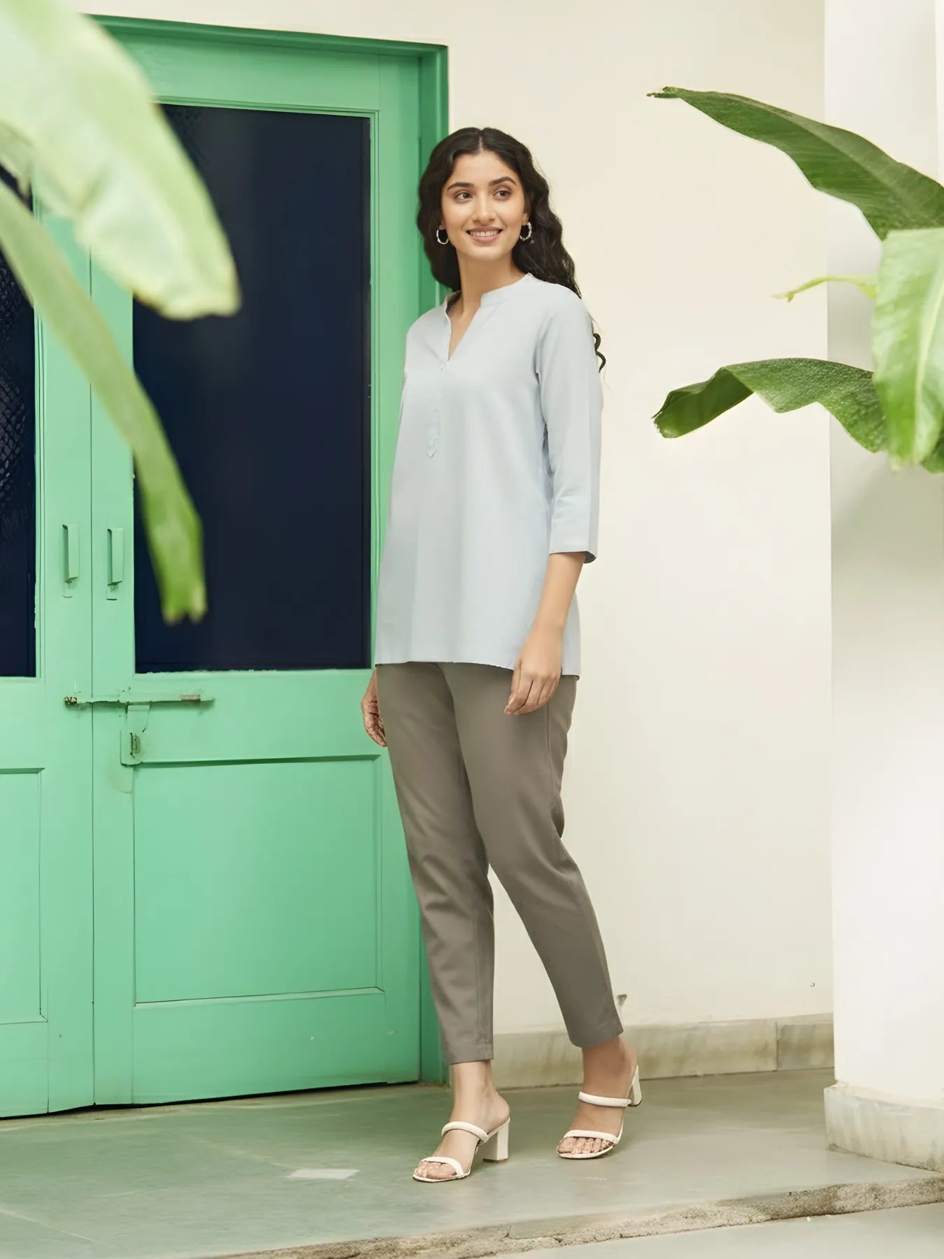 Women Sky Blue Airy Linen Short Kurta & Grey Cotton Pant Set