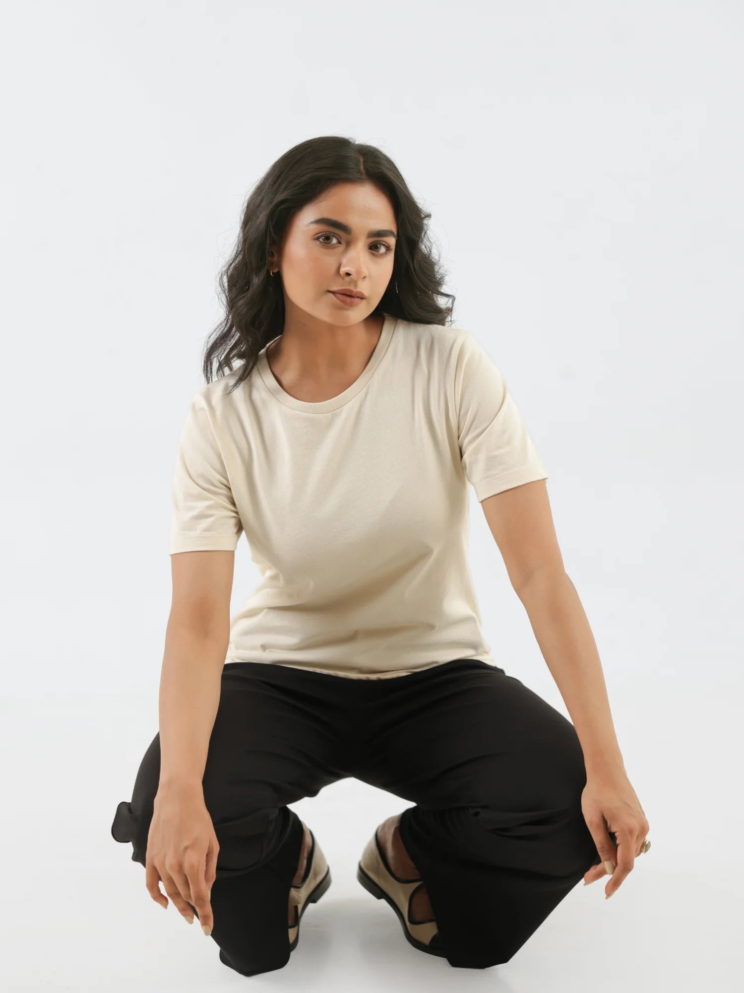 Women Beige Round Neck T-shirt
