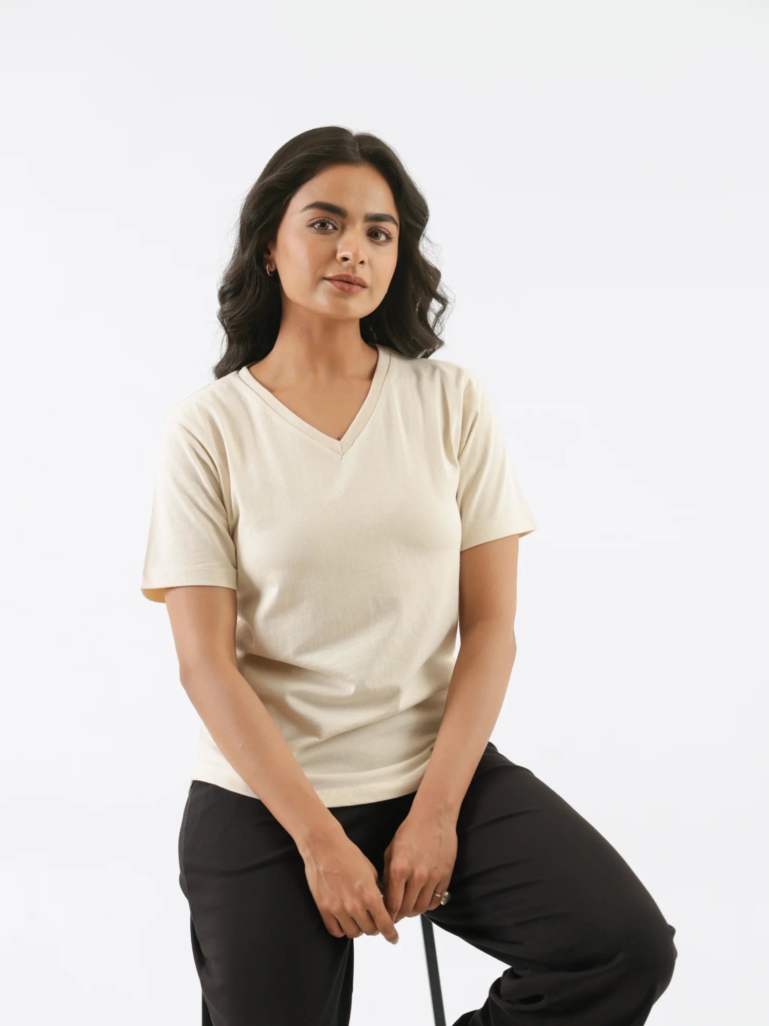 Women Beige V-neck T-shirt