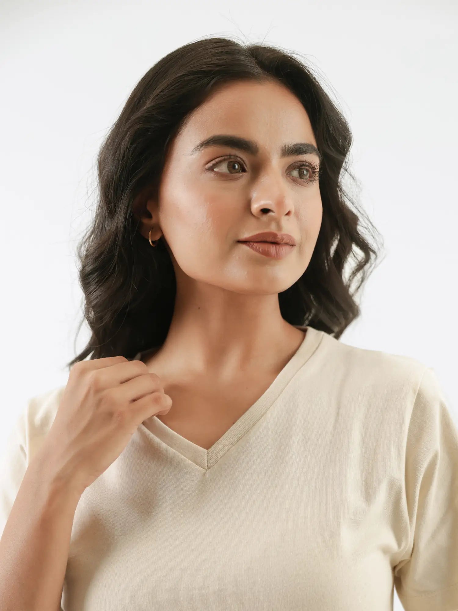 Women Beige V-neck T-shirt