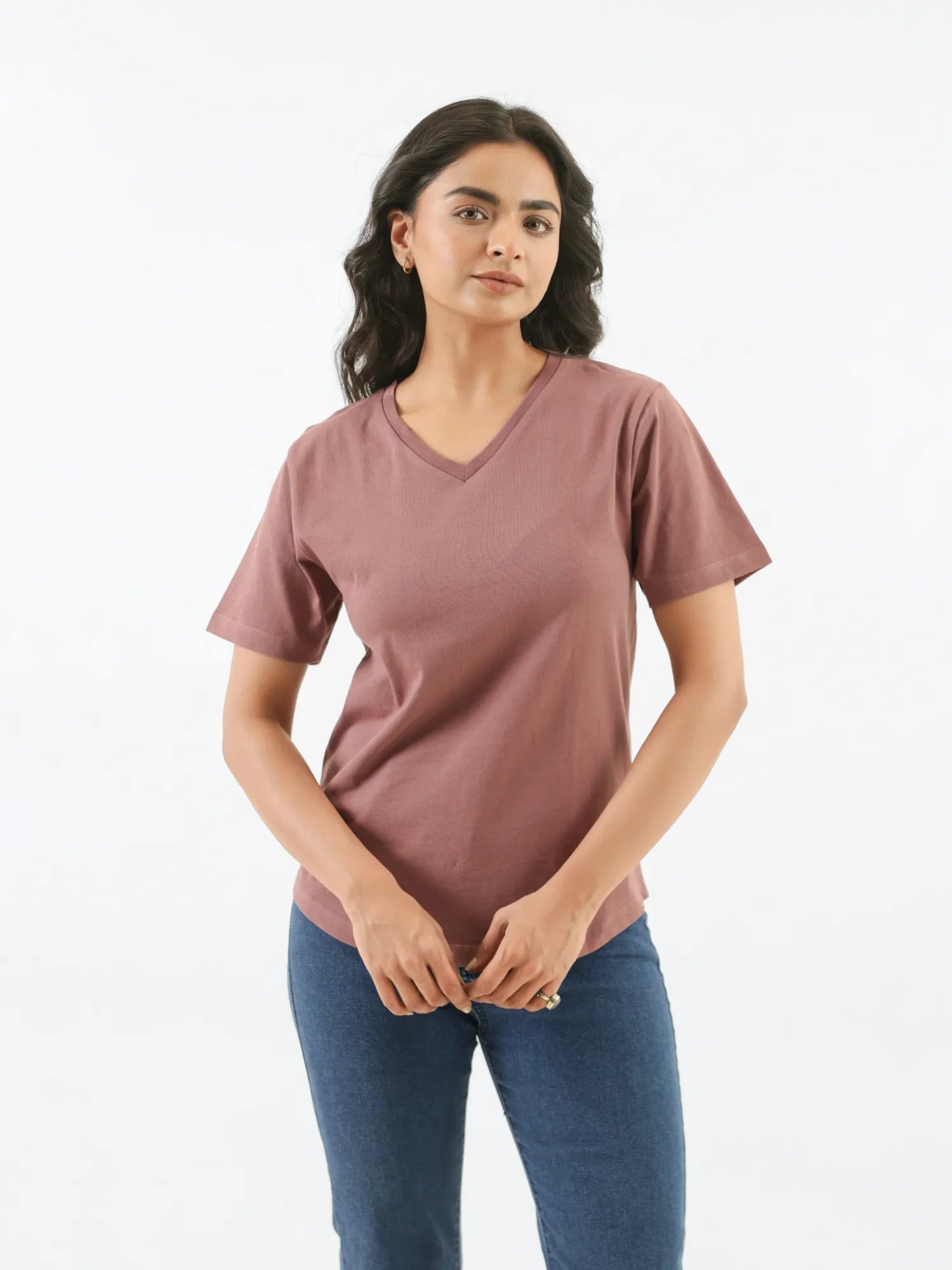 Women Rose Taupe V-neck T-shirt