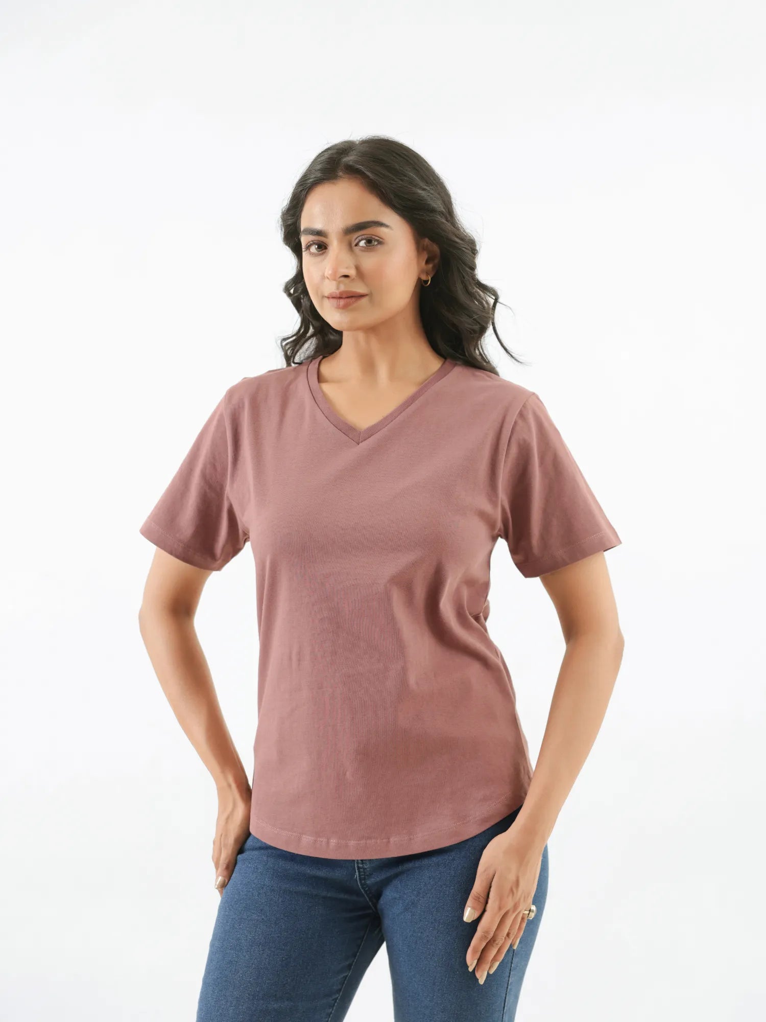 Women Rose Taupe V-neck T-shirt