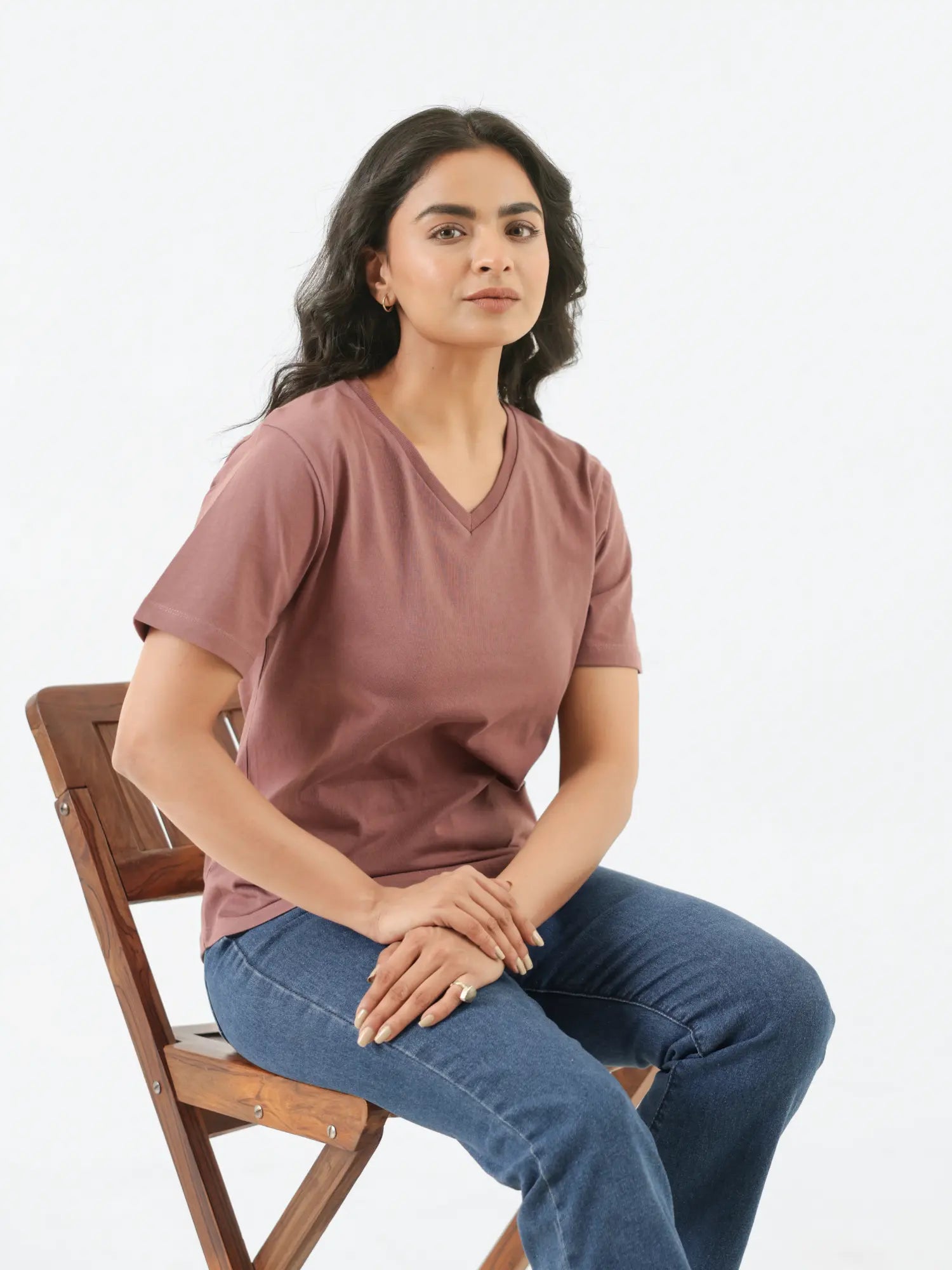 Women Rose Taupe V-neck T-shirt
