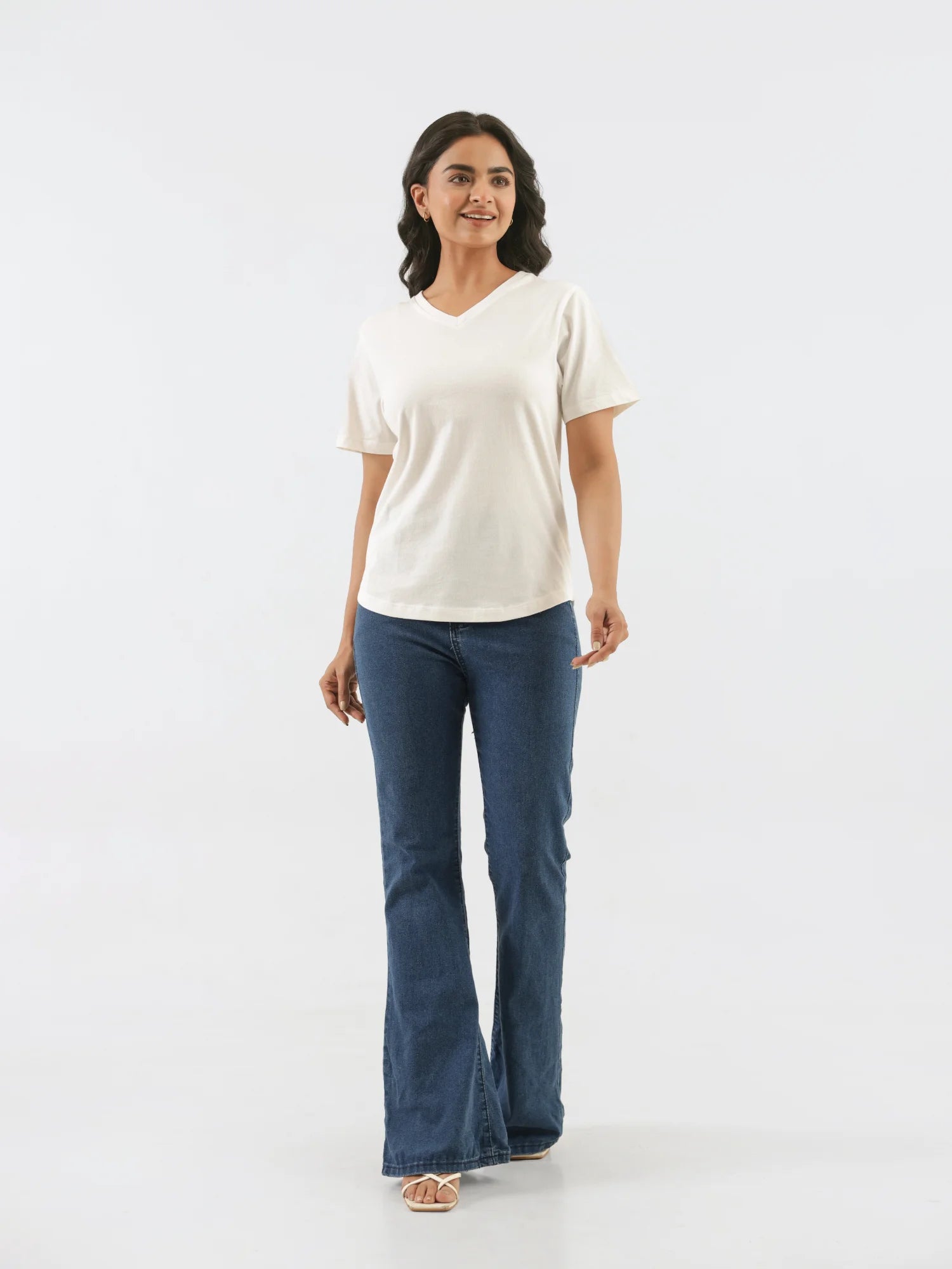Women Off White V-neck T-shirt