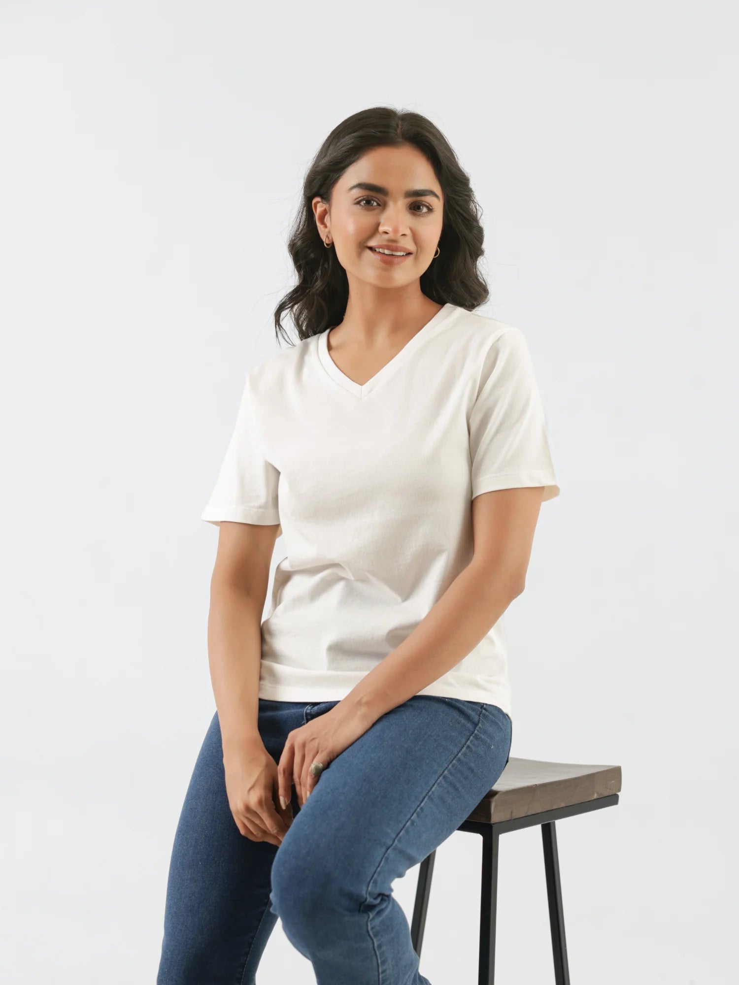 Women Off White V-neck T-shirt