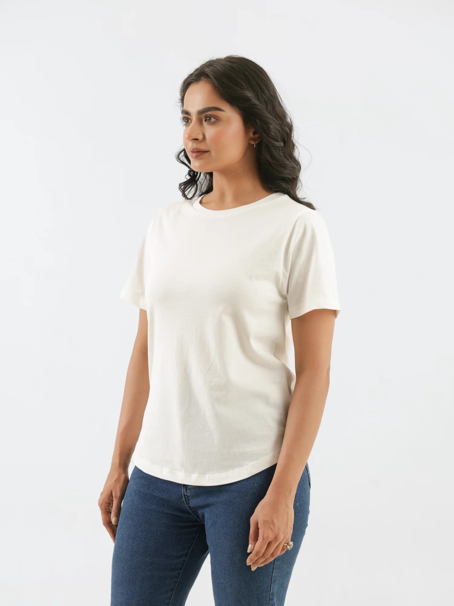 Women Off White Round Neck T-shirt