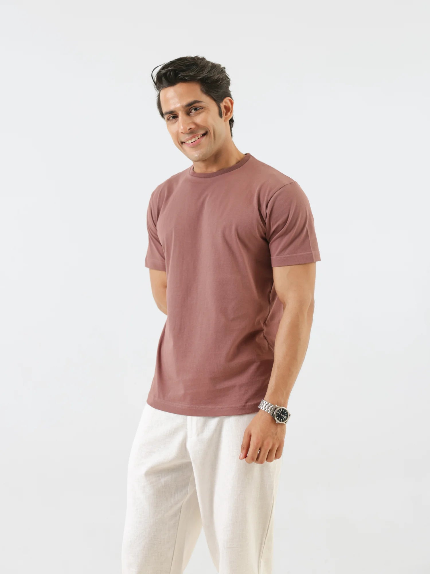 Men Rose Taupe Round Neck T-shirt