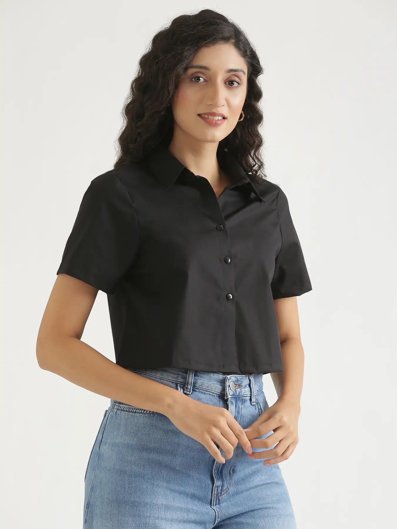 Women Black Better Cotton Crop Shirt