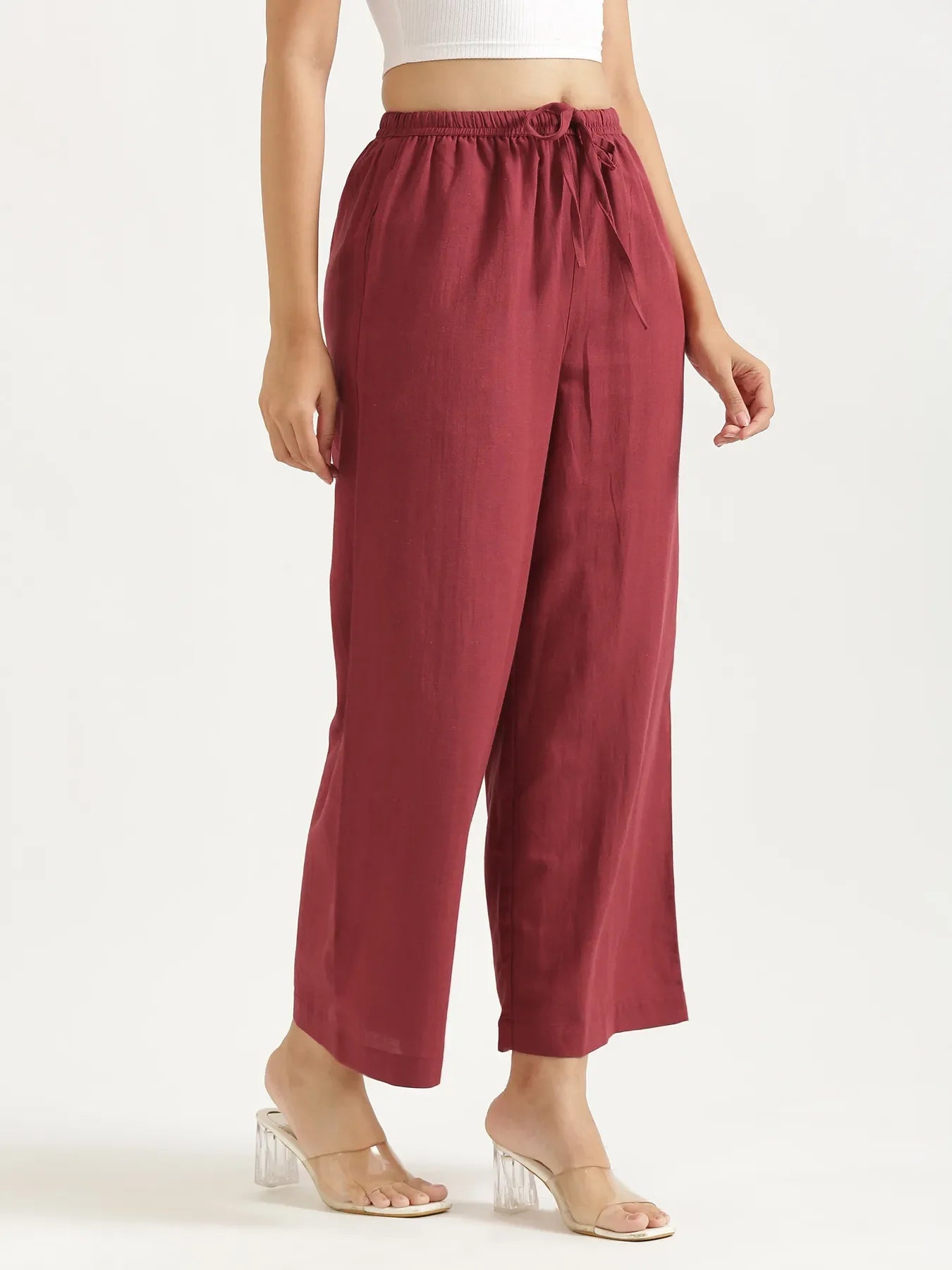 Women Maroon Flowy Linen Wide Leg Pants