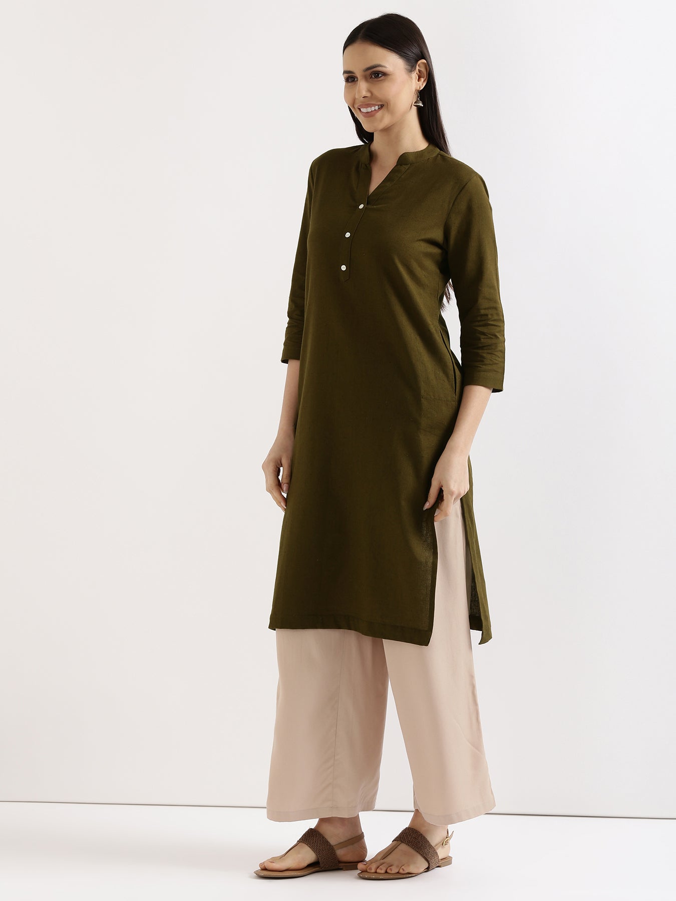 Olive Green Airy Linen Long Kurta