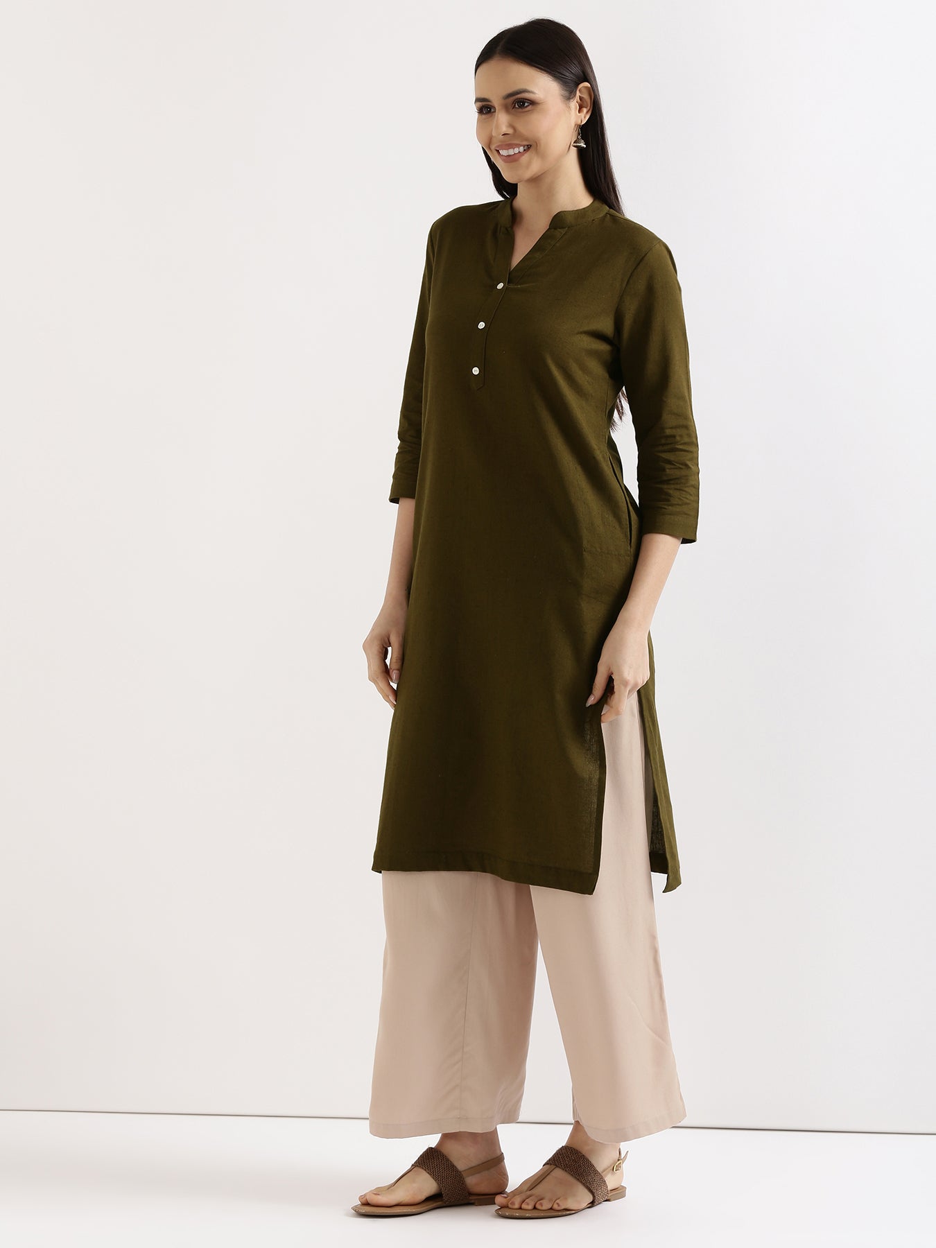 Women Olive Green Airy Linen Long Kurta