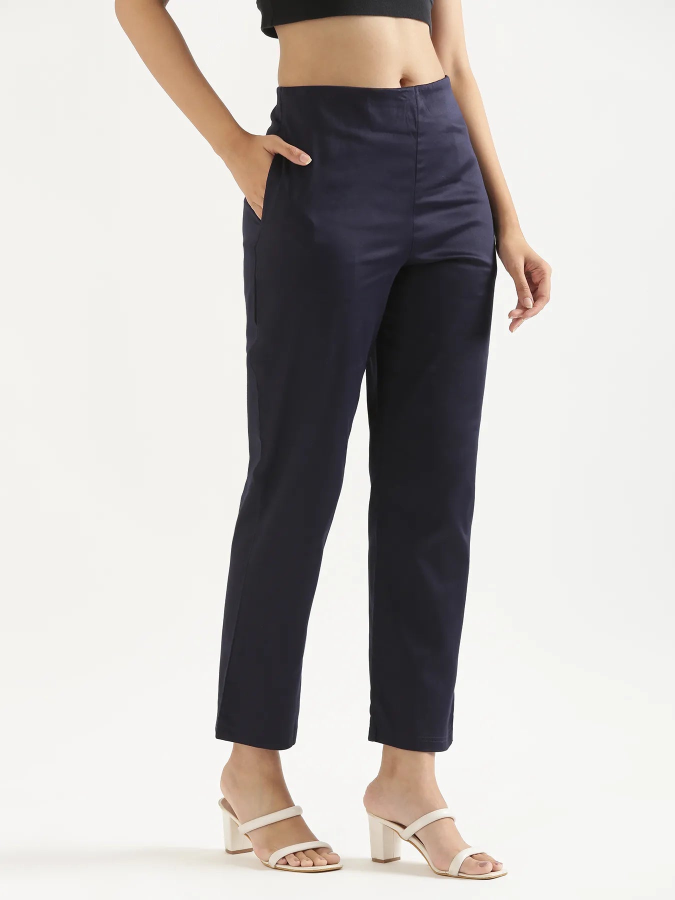 Women Navy Blue Straight Fit Formal Pants