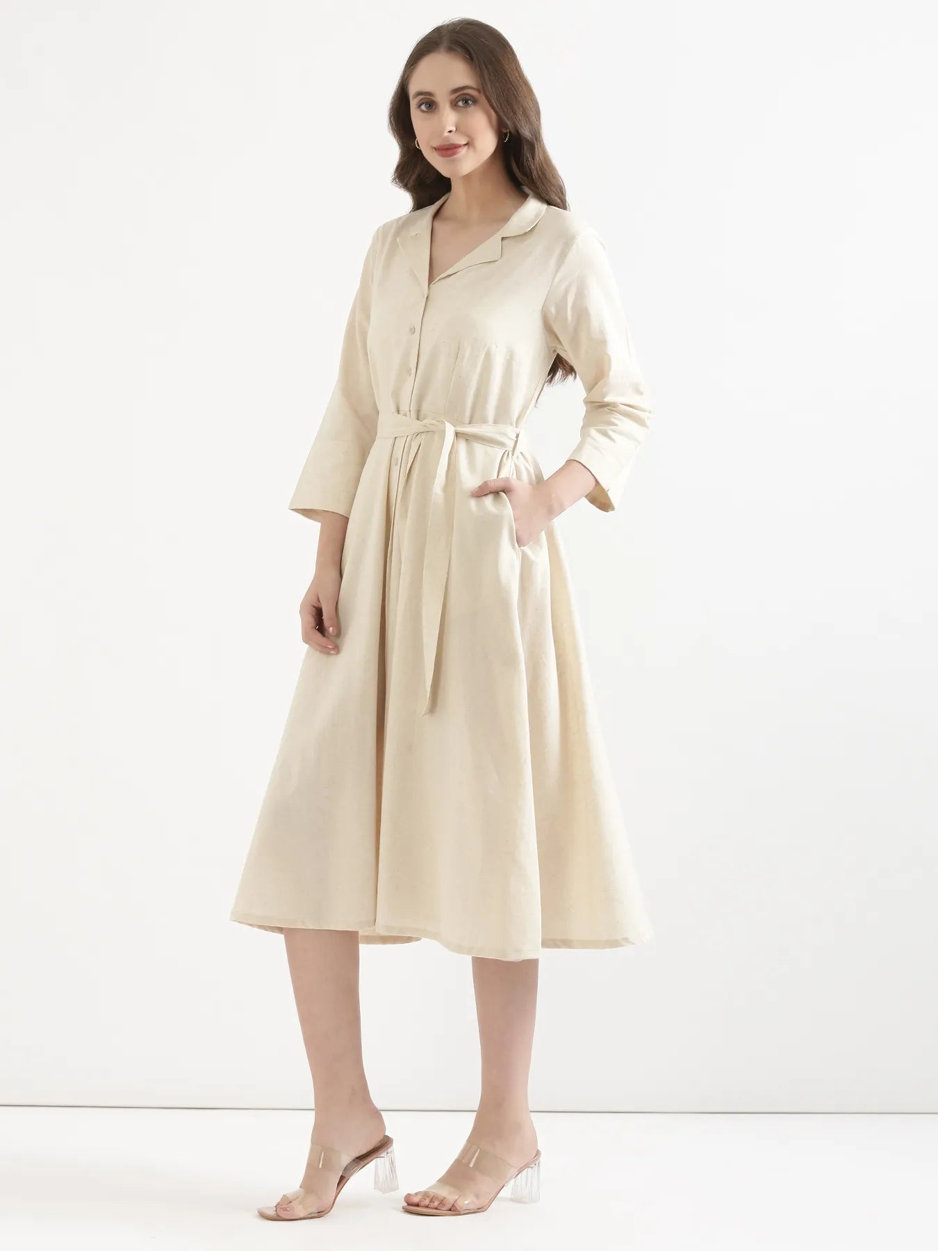Women Ecru Airy Linen Flared Dress