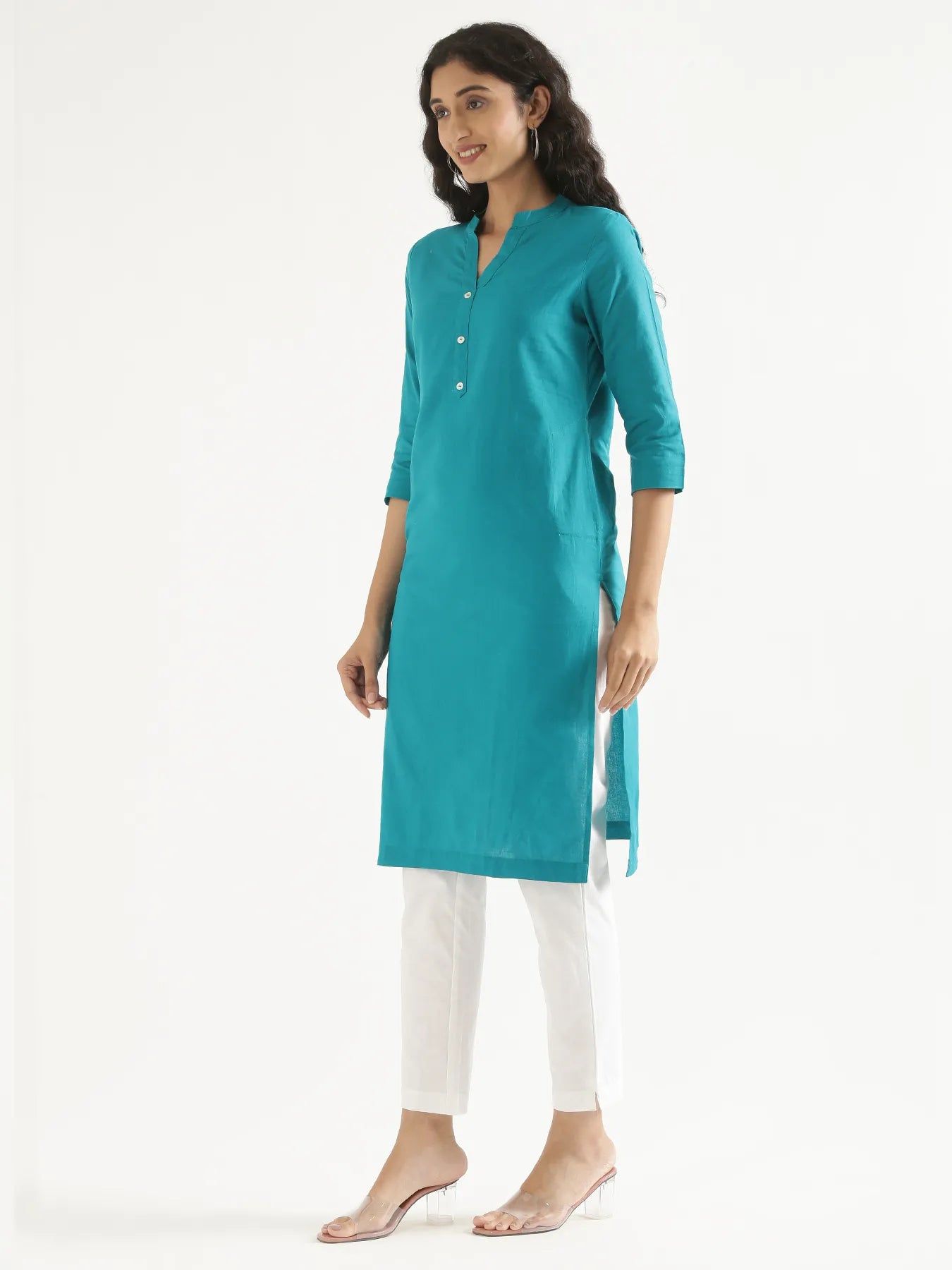Women Teal Airy Linen Long Kurta