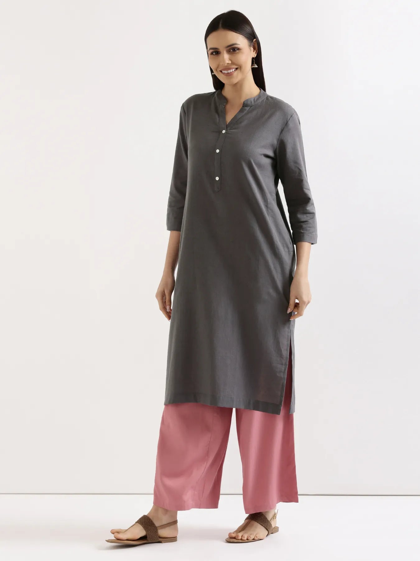 Women Slate Grey Airy Linen Long Kurta & Rose Viscose Palazzo Pant Set