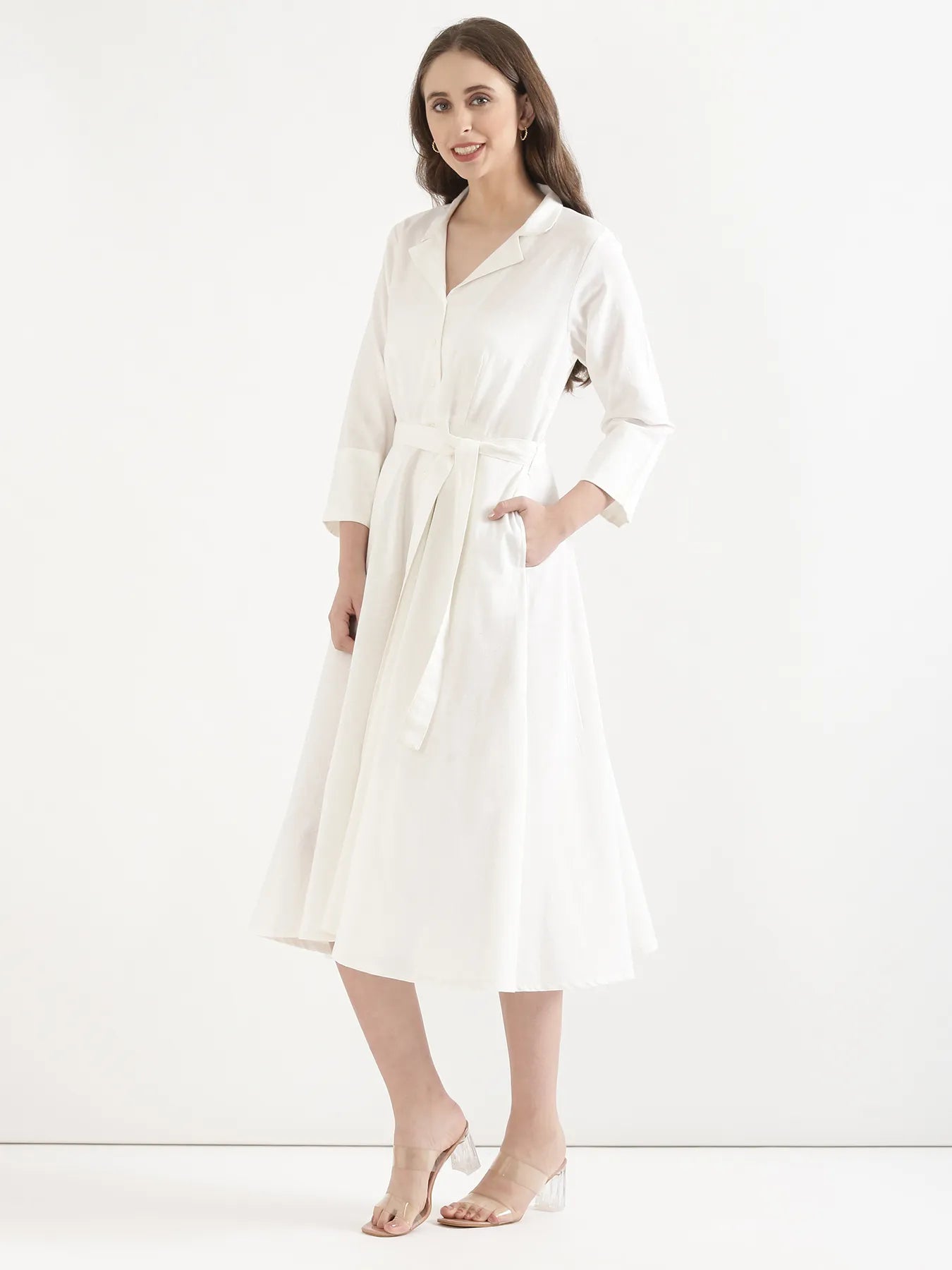 Women White Airy Linen Flared Dress
