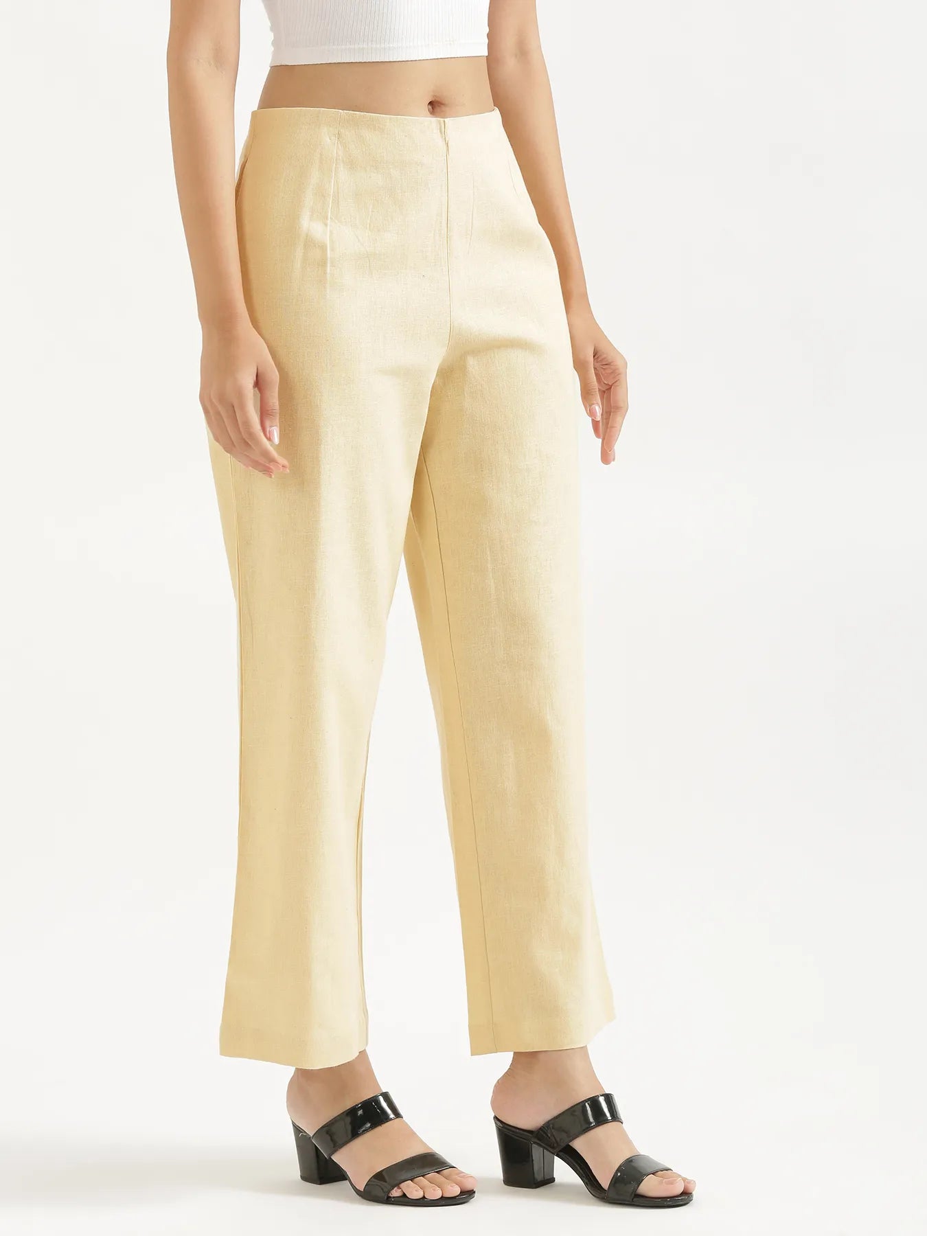 Women Beige Linen Blend Wide Leg Pant