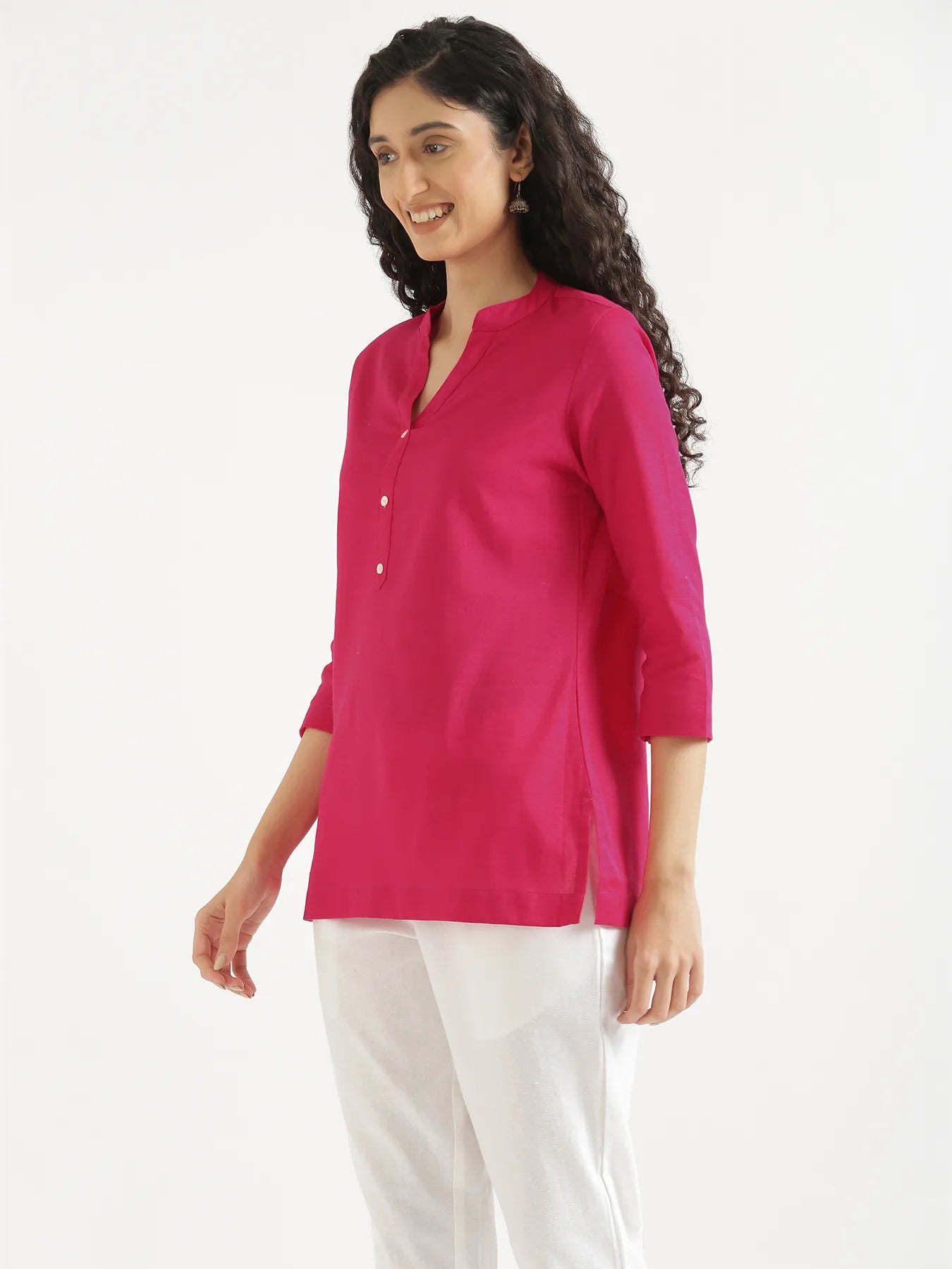 Women Hot Pink Airy Linen Short Kurta