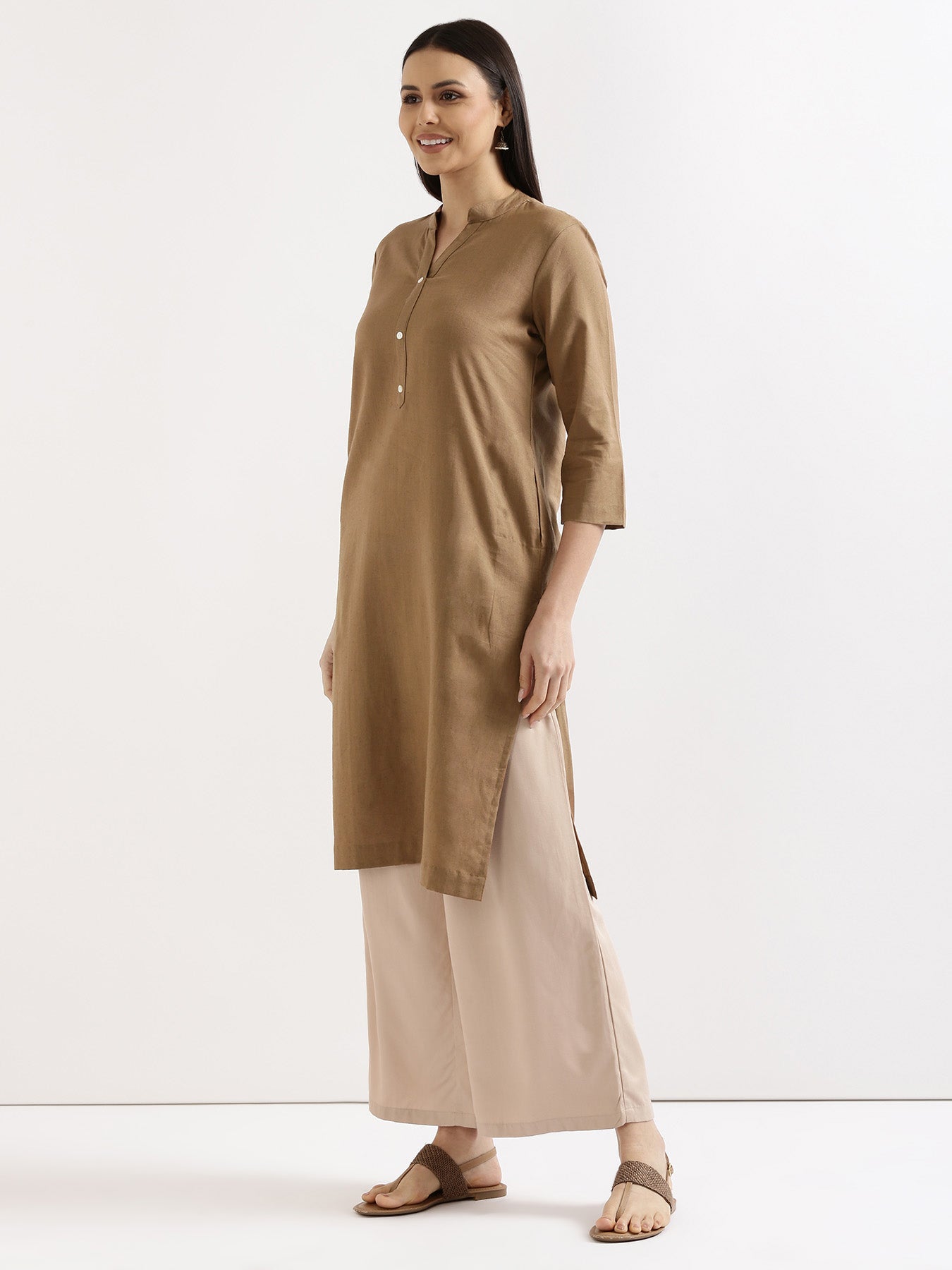 Women Coffee Brown Airy Linen Long Kurta