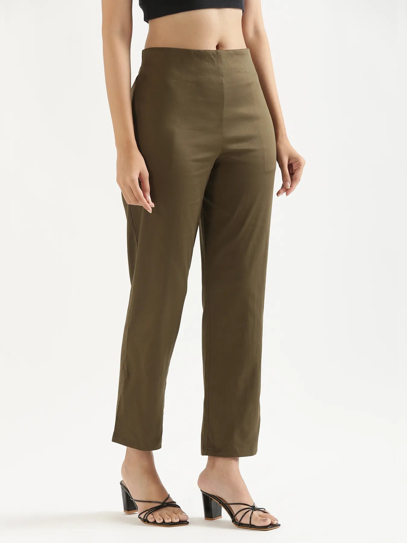 Women Olive Green Straight Fit Formal Pants