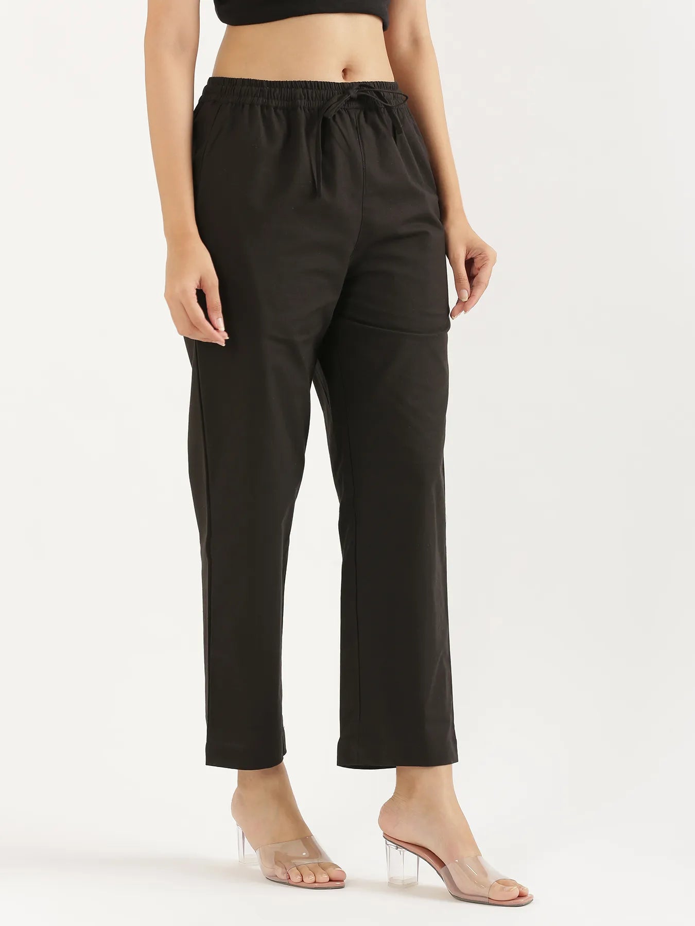 Women Black Cotton Straight Pant