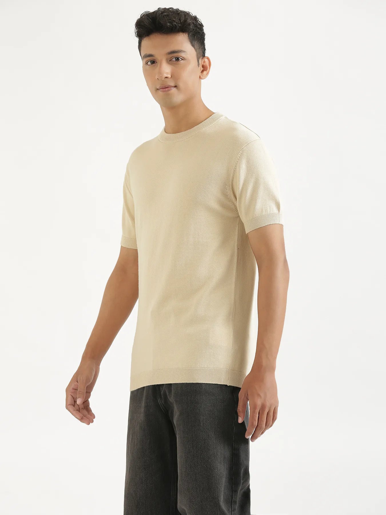 Men Beige Flat Knit Round Neck T-shirt