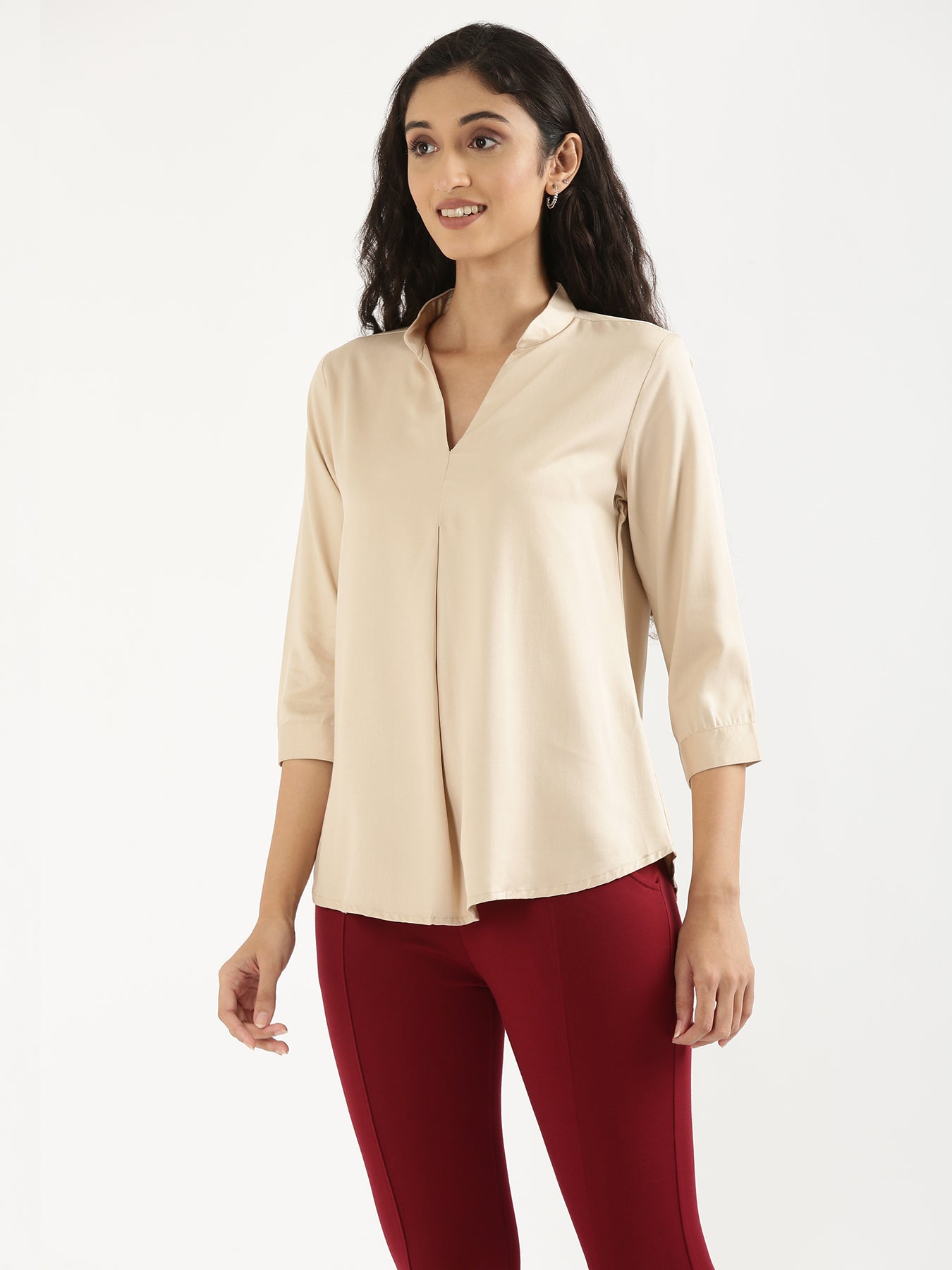 Women Beige Viscose Pleated Top