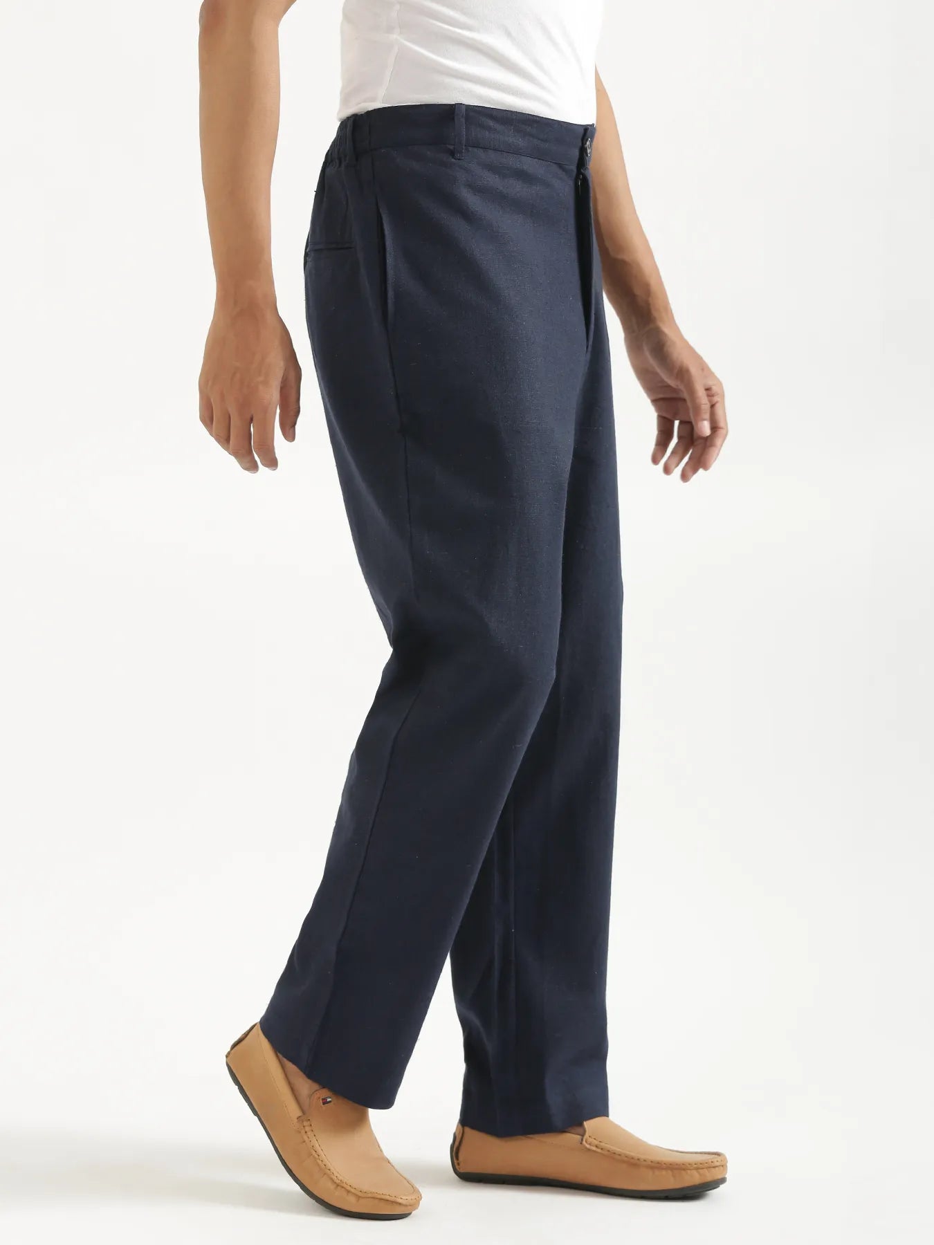 Men Navy Blue Linen Blend Straight Pant