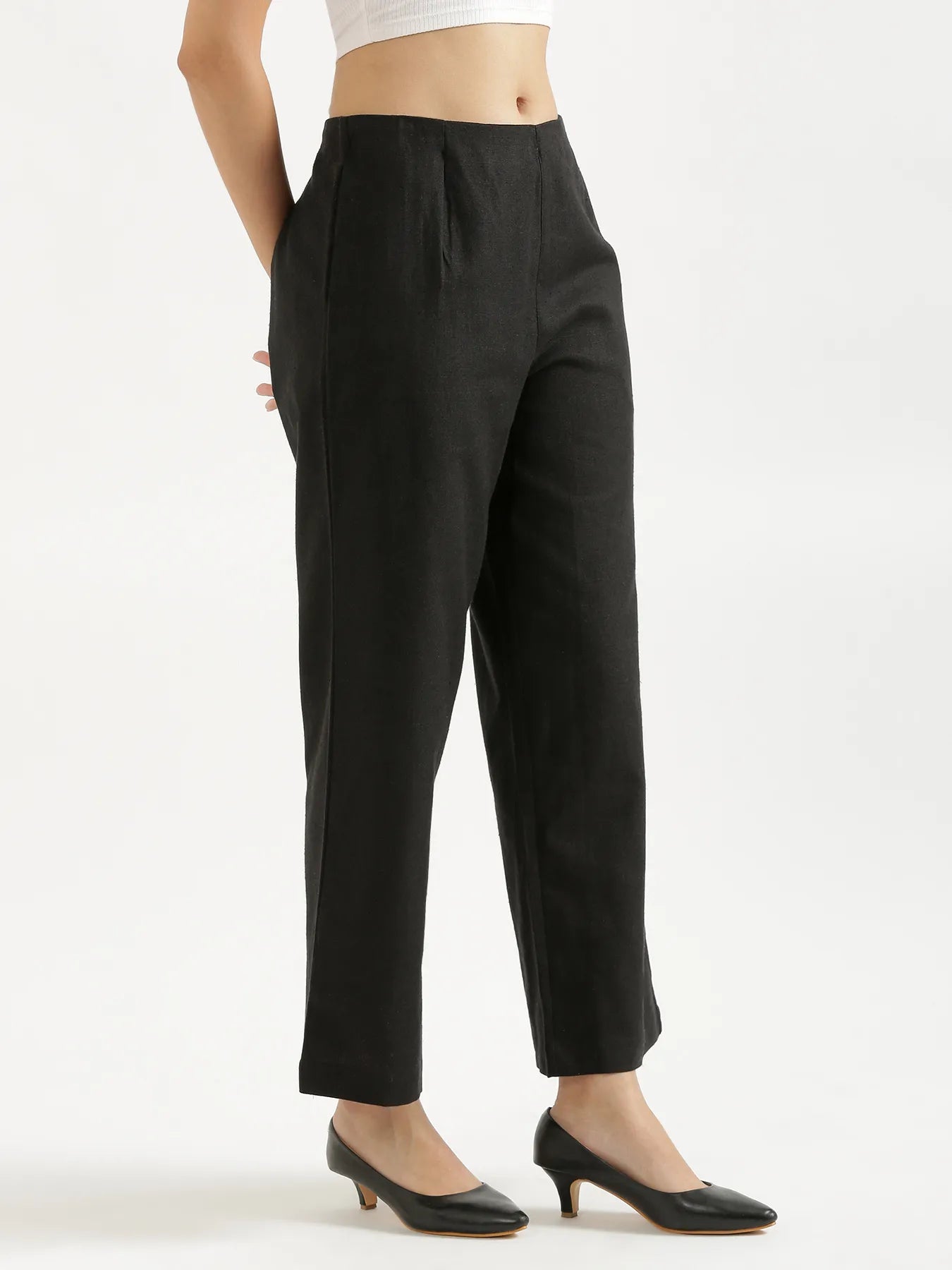 Women Black Linen Blend Wide Leg Pant
