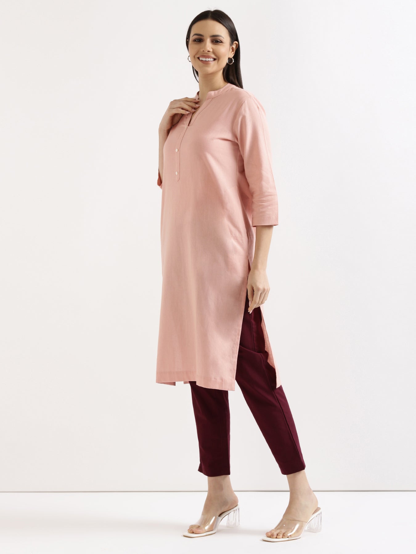 Women Salmon Pink Airy Linen Long Kurta & Wine Cotton Pant Set