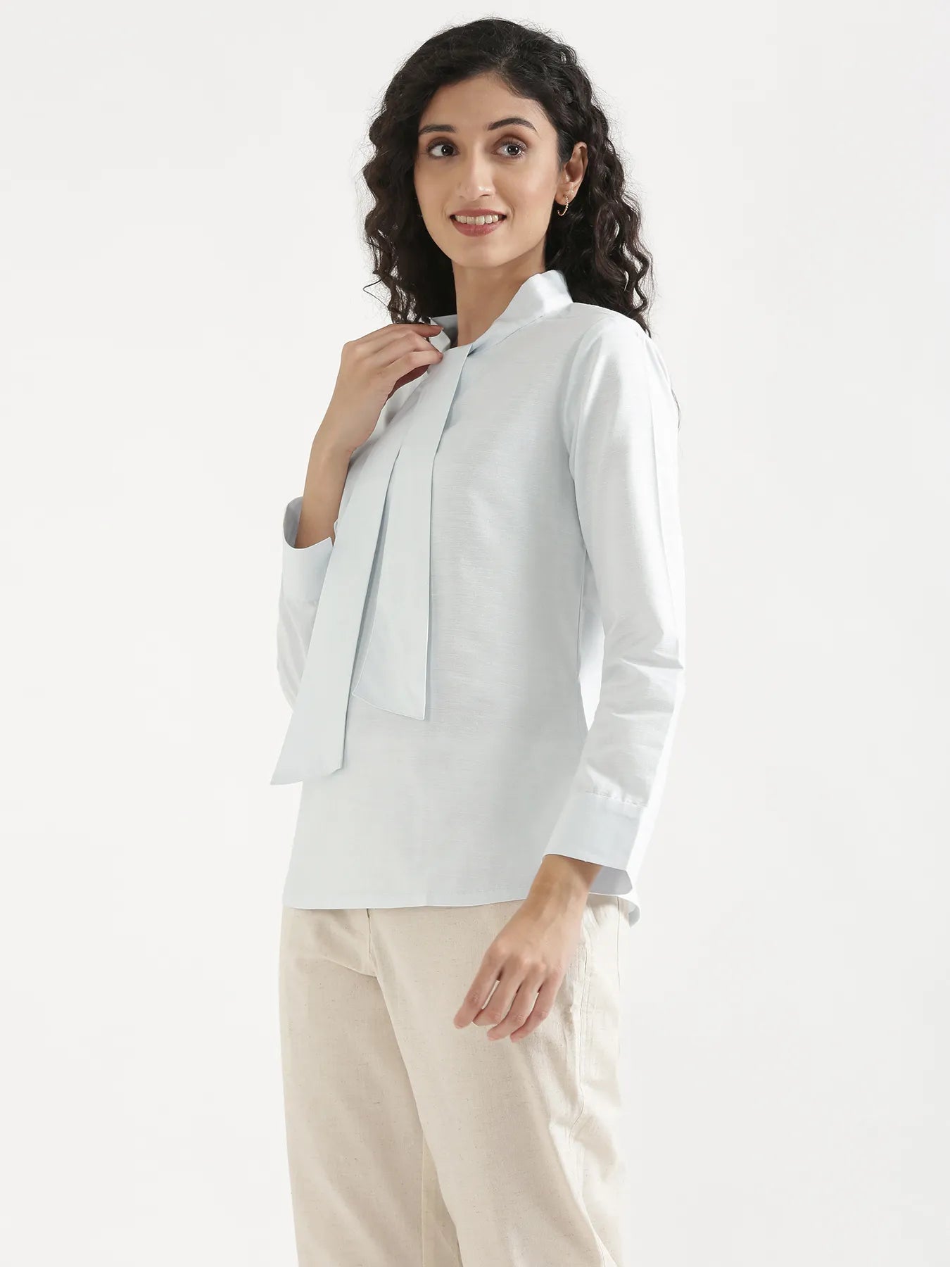 Women Powder Blue Linen Blend Knot Blouse